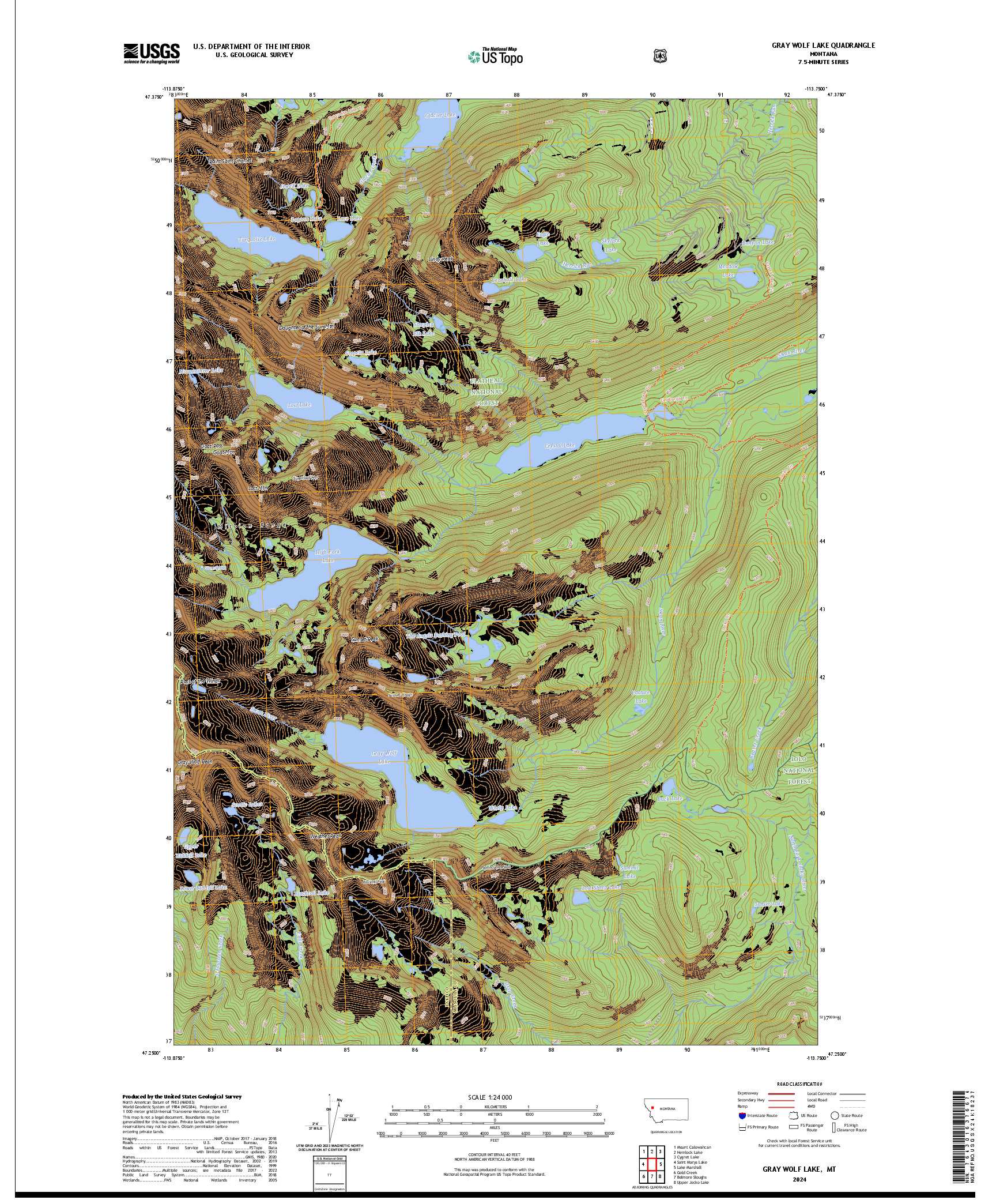 US TOPO 7.5-MINUTE MAP FOR GRAY WOLF LAKE, MT