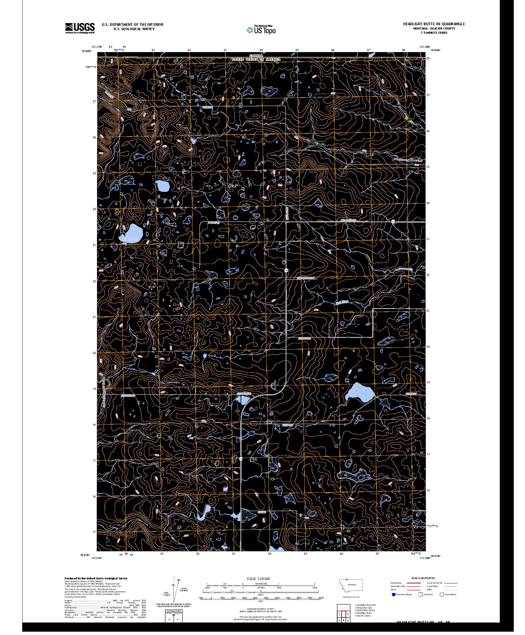 US TOPO 7.5-MINUTE MAP FOR HEADLIGHT BUTTE NE, MT,AB