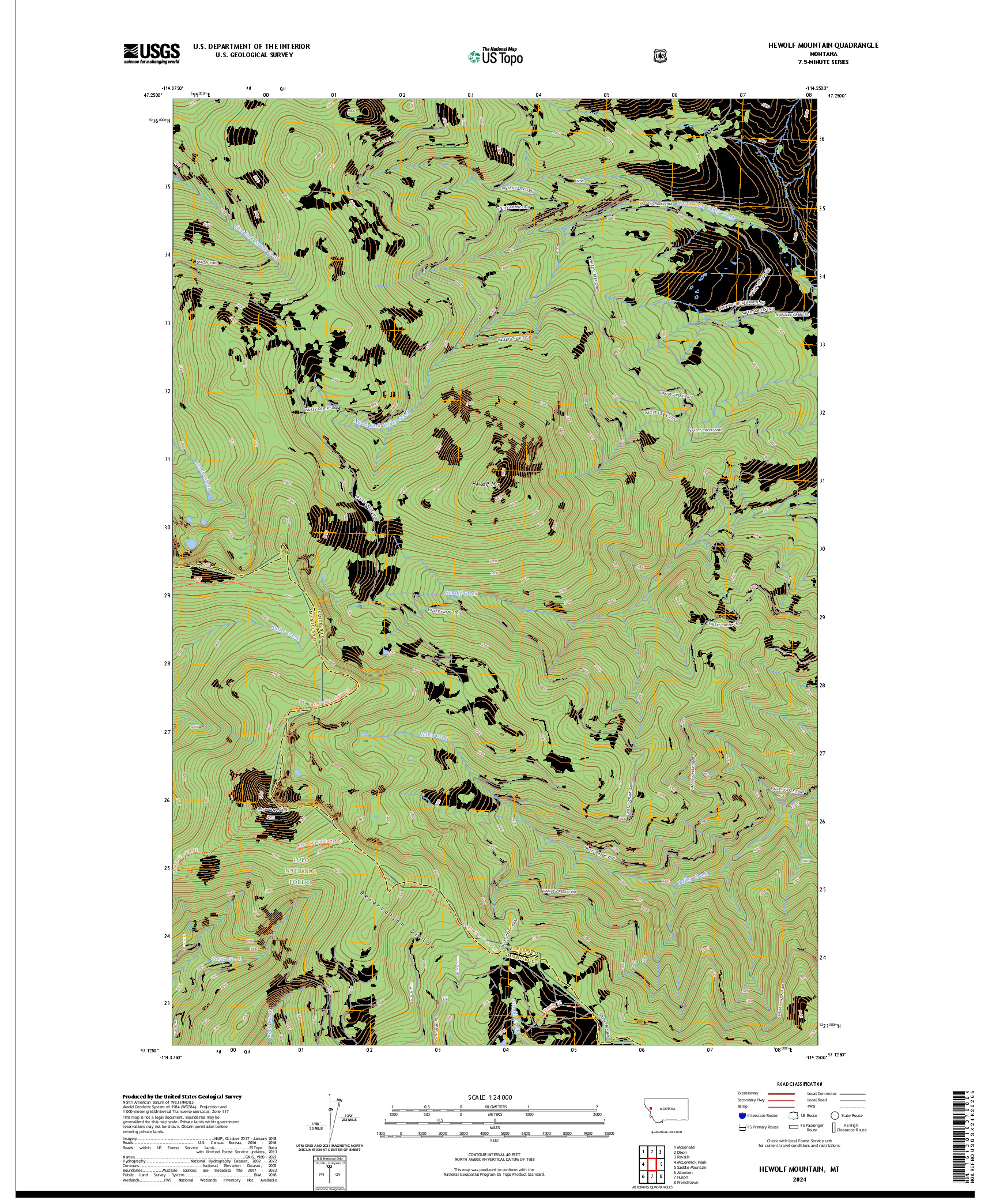 US TOPO 7.5-MINUTE MAP FOR HEWOLF MOUNTAIN, MT