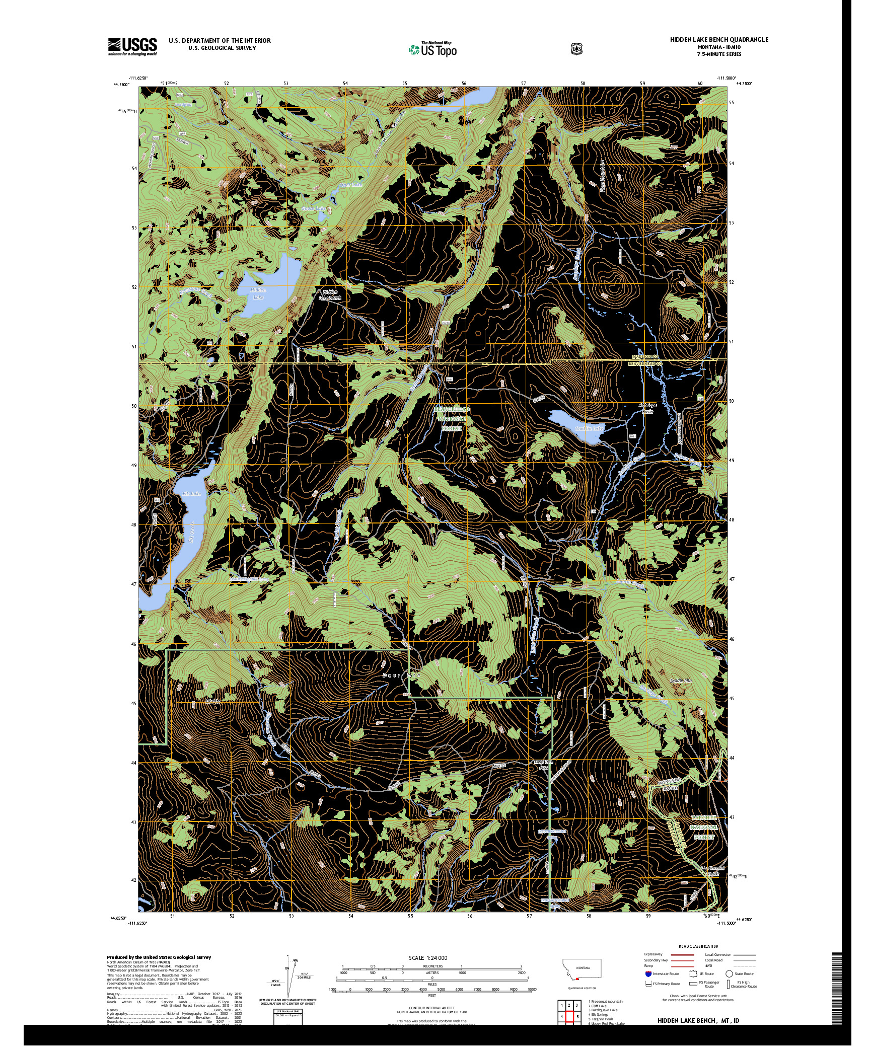US TOPO 7.5-MINUTE MAP FOR HIDDEN LAKE BENCH, MT,ID