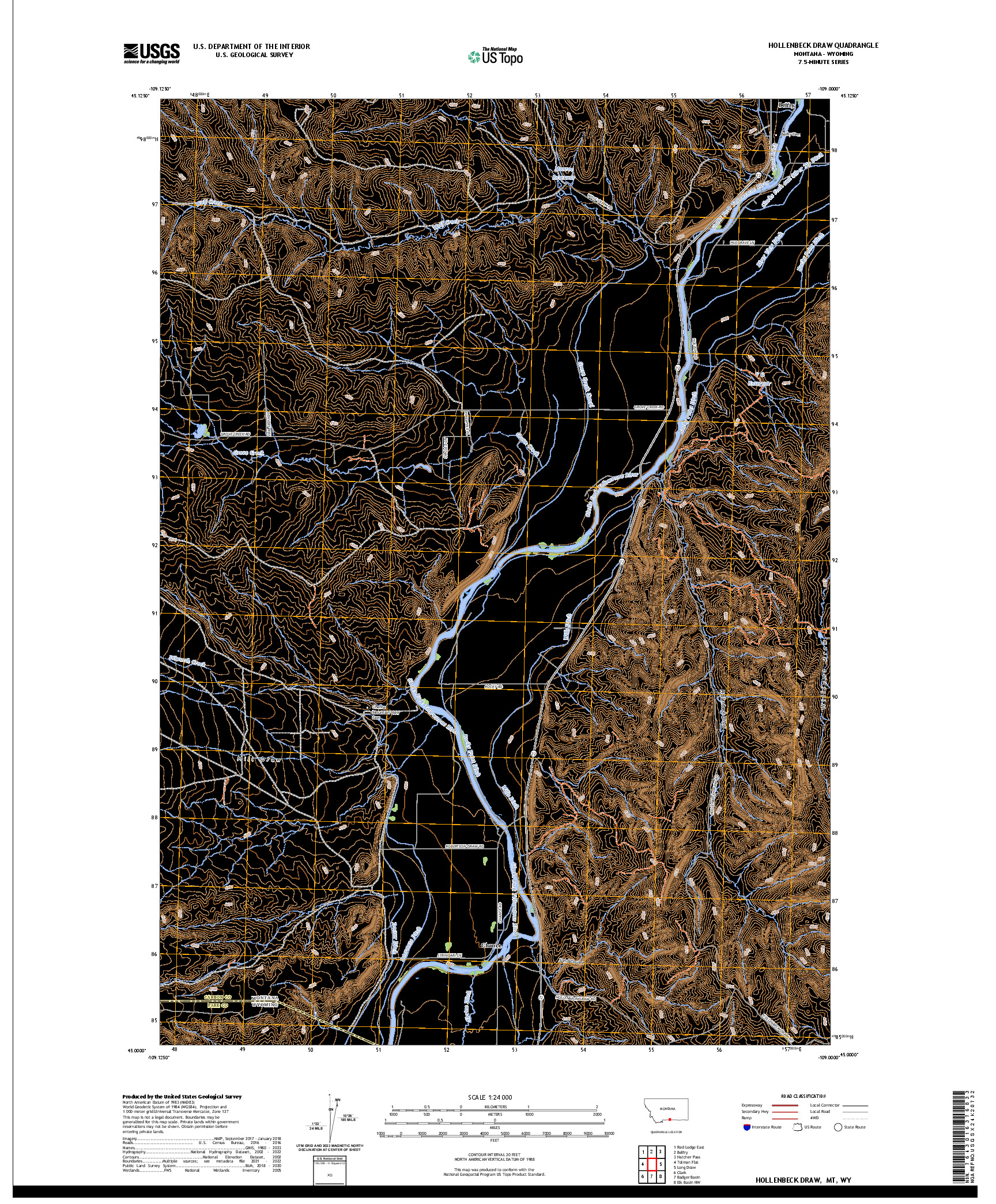 US TOPO 7.5-MINUTE MAP FOR HOLLENBECK DRAW, MT,WY