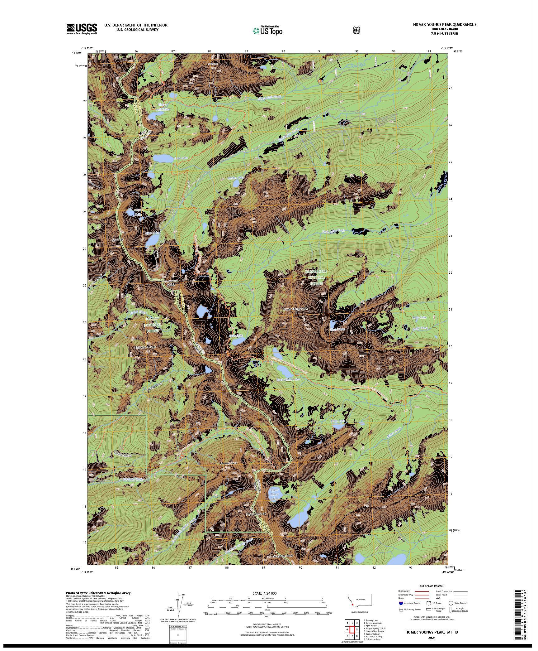 US TOPO 7.5-MINUTE MAP FOR HOMER YOUNGS PEAK, MT,ID