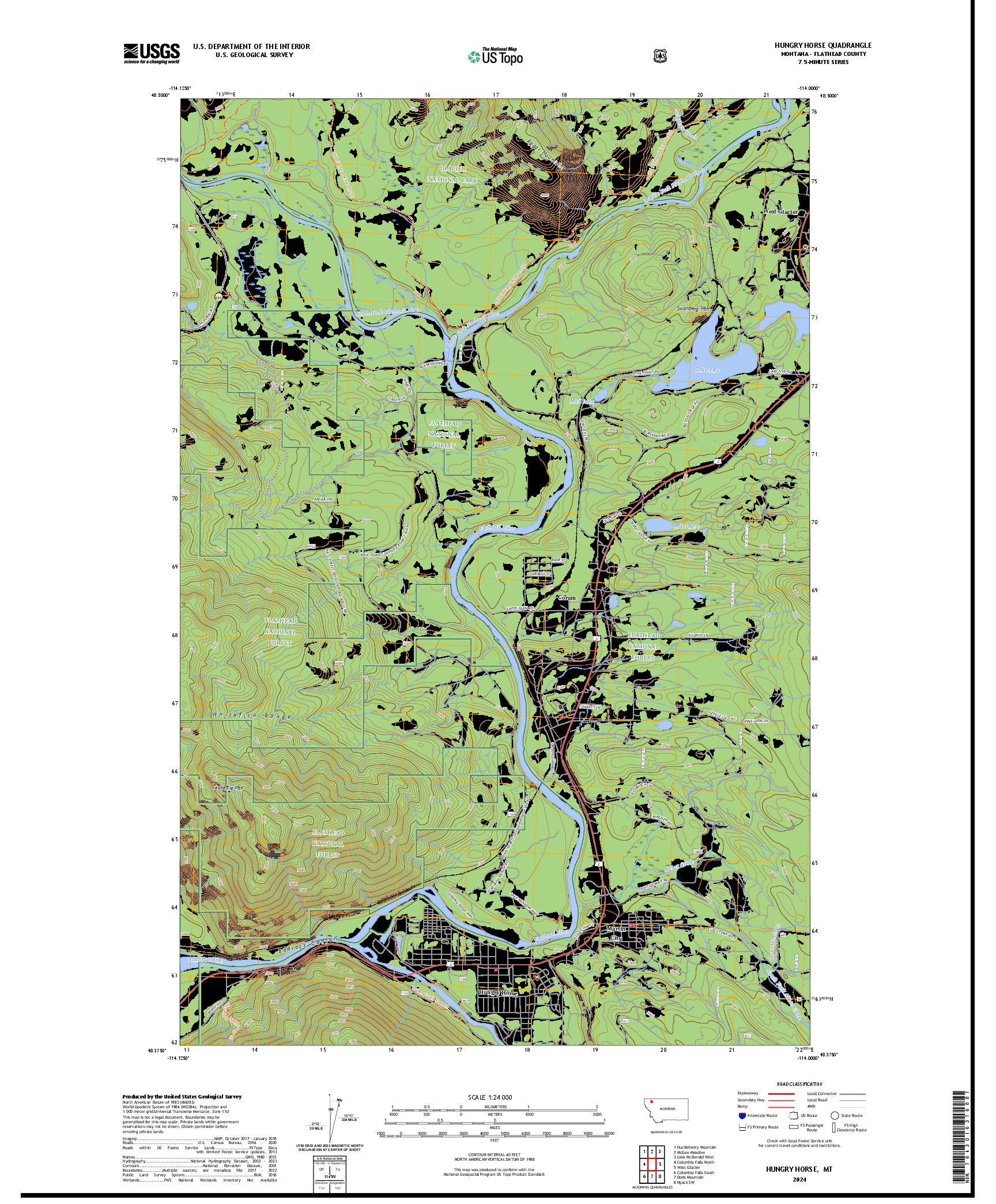 US TOPO 7.5-MINUTE MAP FOR HUNGRY HORSE, MT