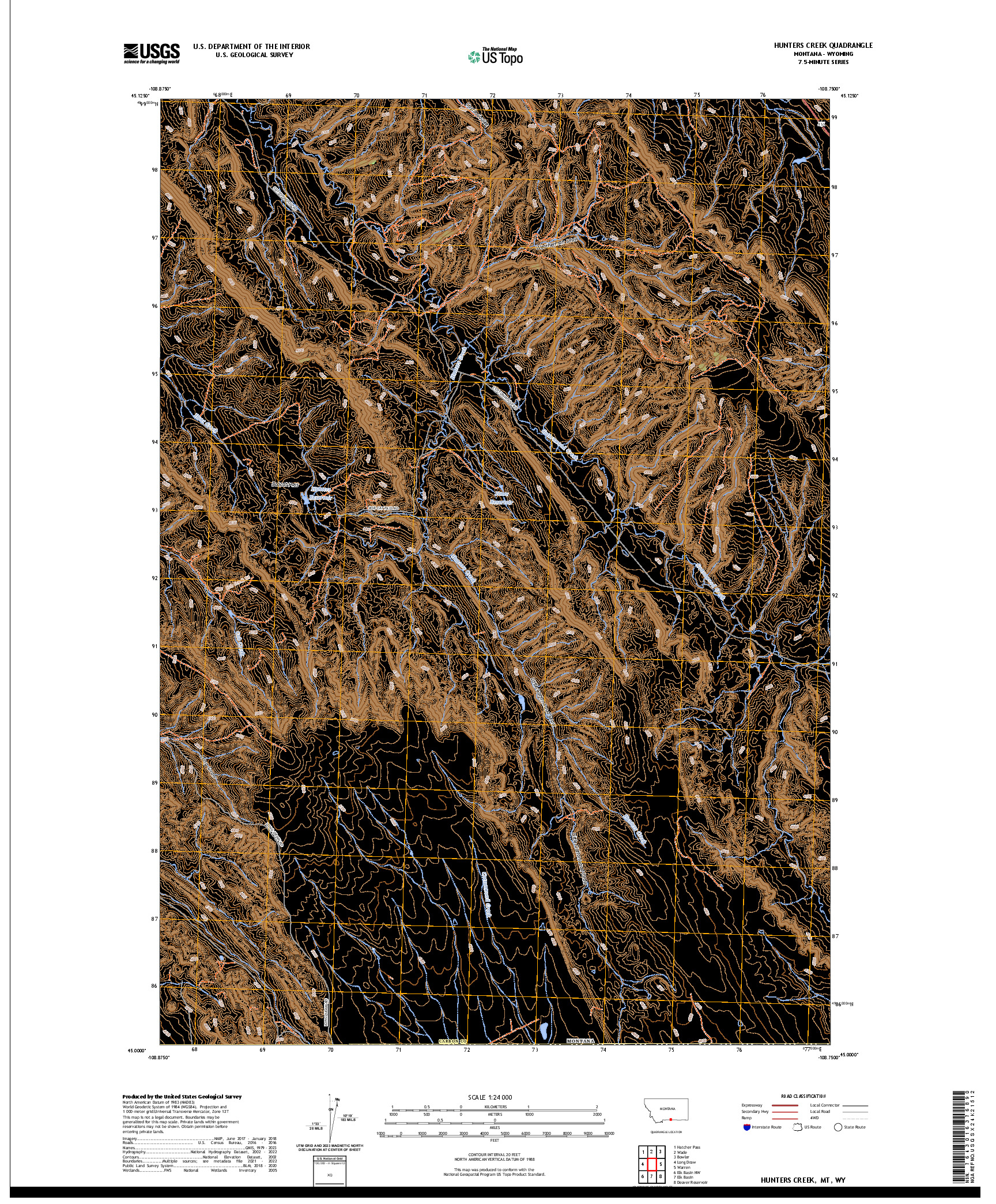 US TOPO 7.5-MINUTE MAP FOR HUNTERS CREEK, MT,WY