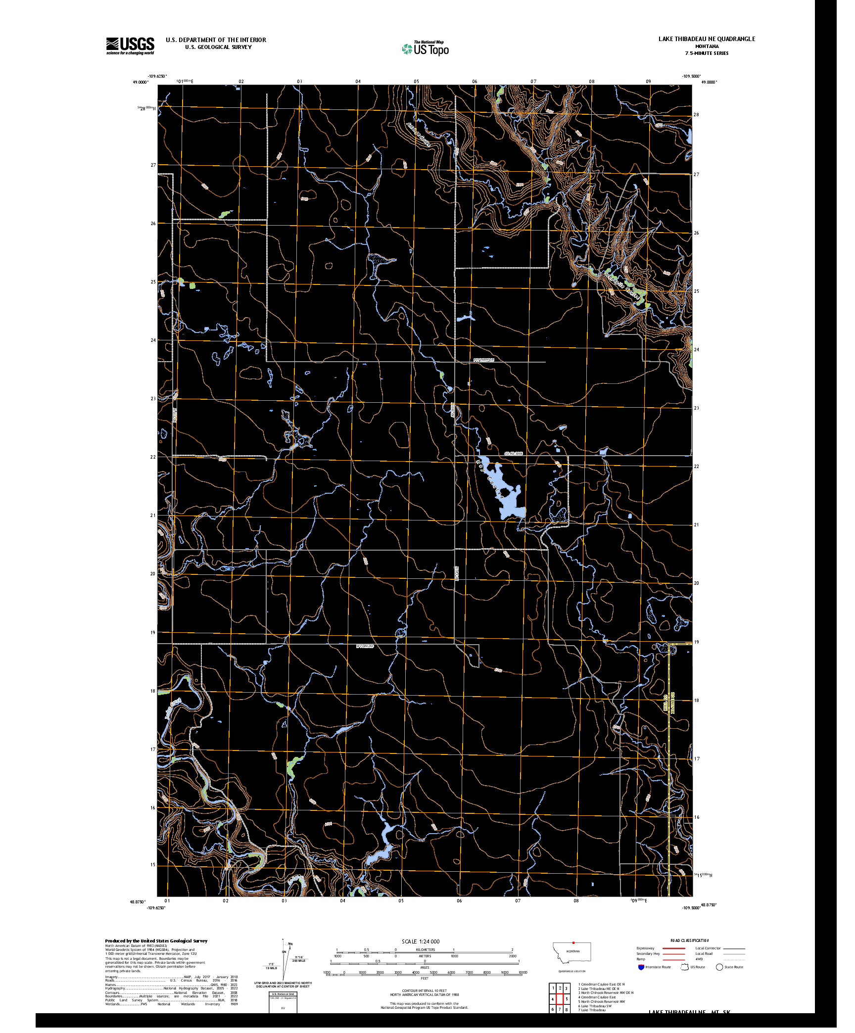 US TOPO 7.5-MINUTE MAP FOR LAKE THIBADEAU NE, MT,SK