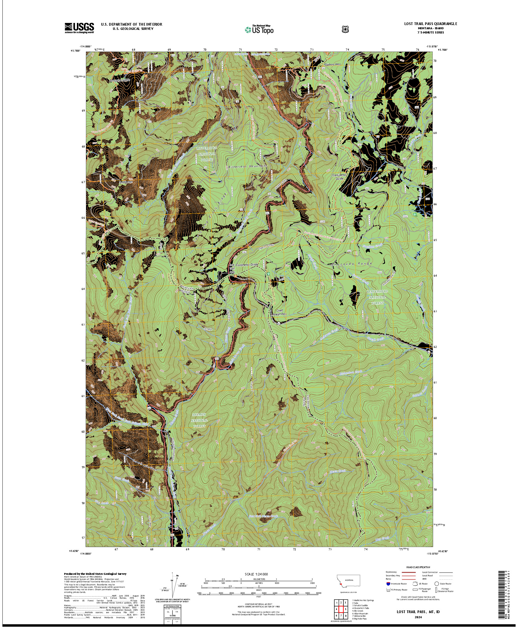 US TOPO 7.5-MINUTE MAP FOR LOST TRAIL PASS, MT,ID