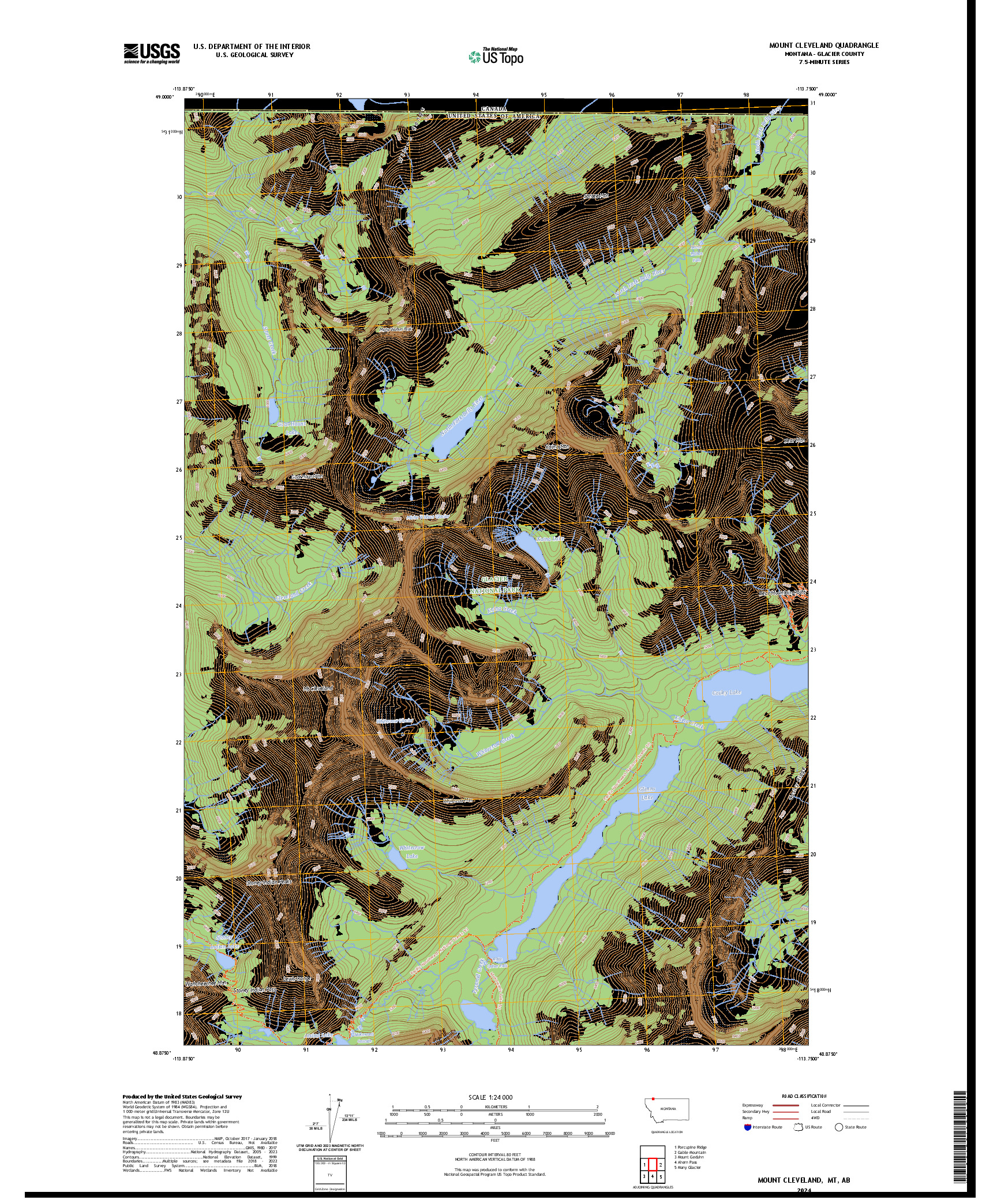 US TOPO 7.5-MINUTE MAP FOR MOUNT CLEVELAND, MT,AB