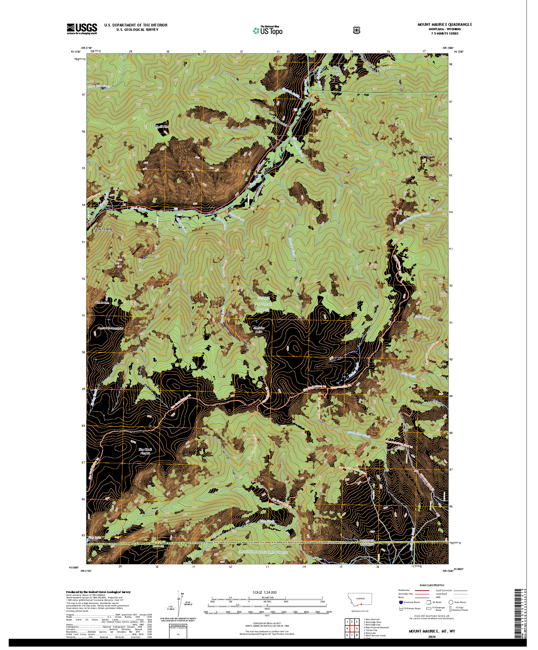 US TOPO 7.5-MINUTE MAP FOR MOUNT MAURICE, MT,WY
