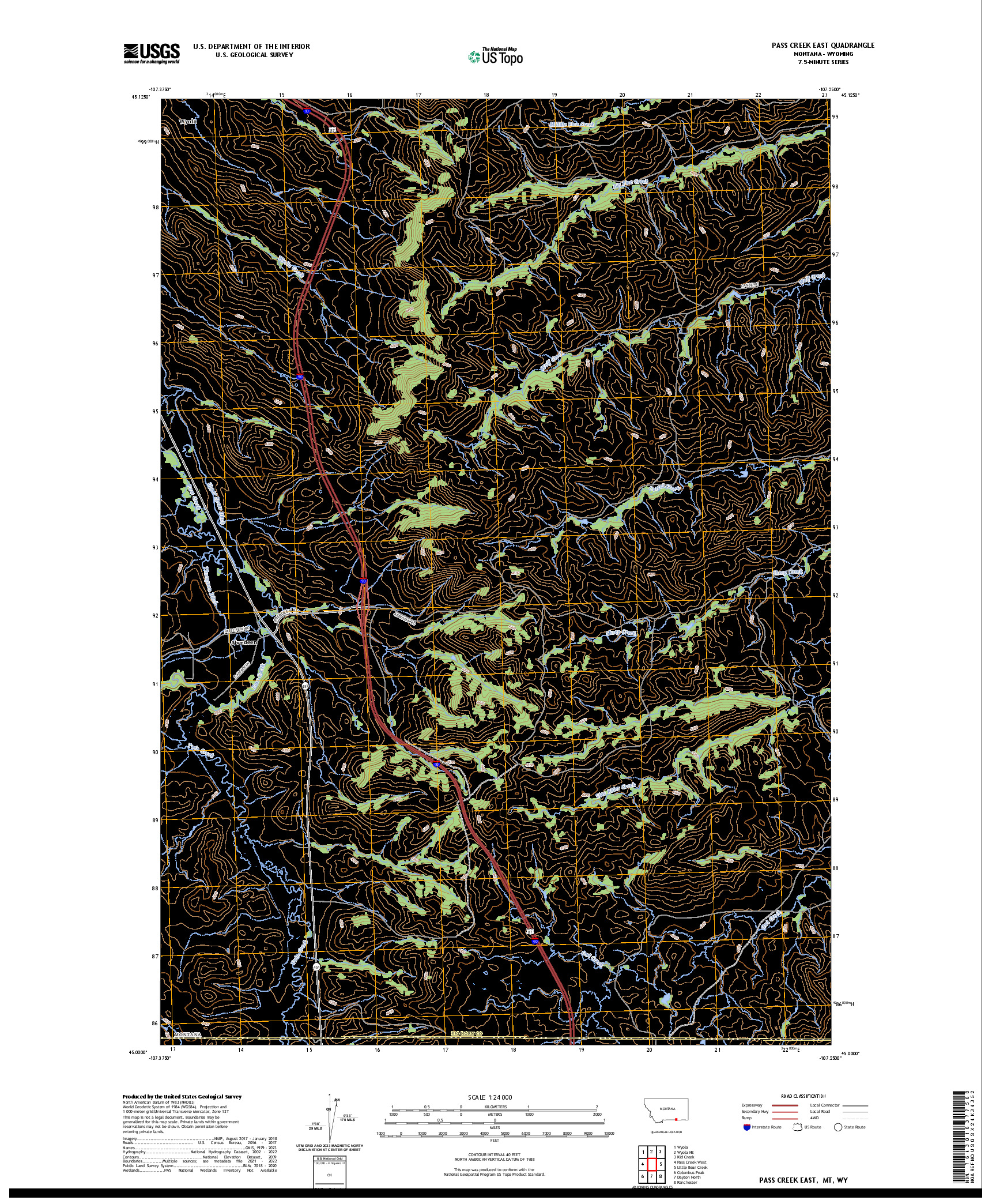 US TOPO 7.5-MINUTE MAP FOR PASS CREEK EAST, MT,WY