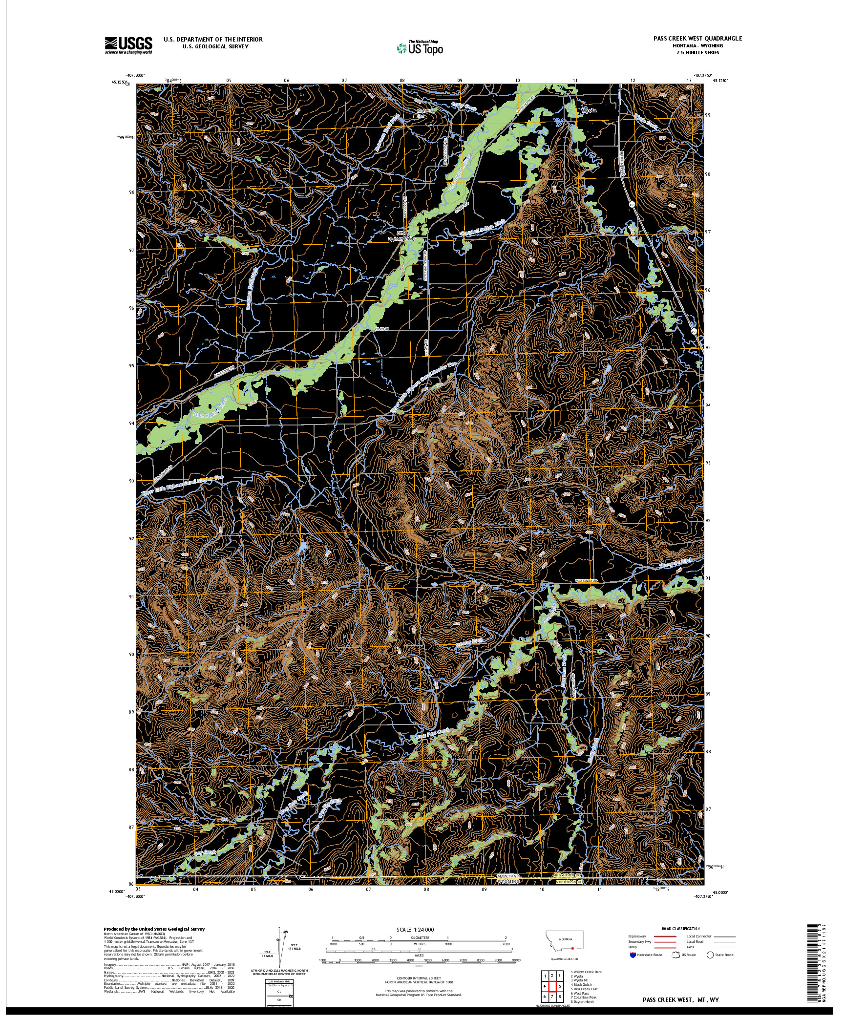 US TOPO 7.5-MINUTE MAP FOR PASS CREEK WEST, MT,WY