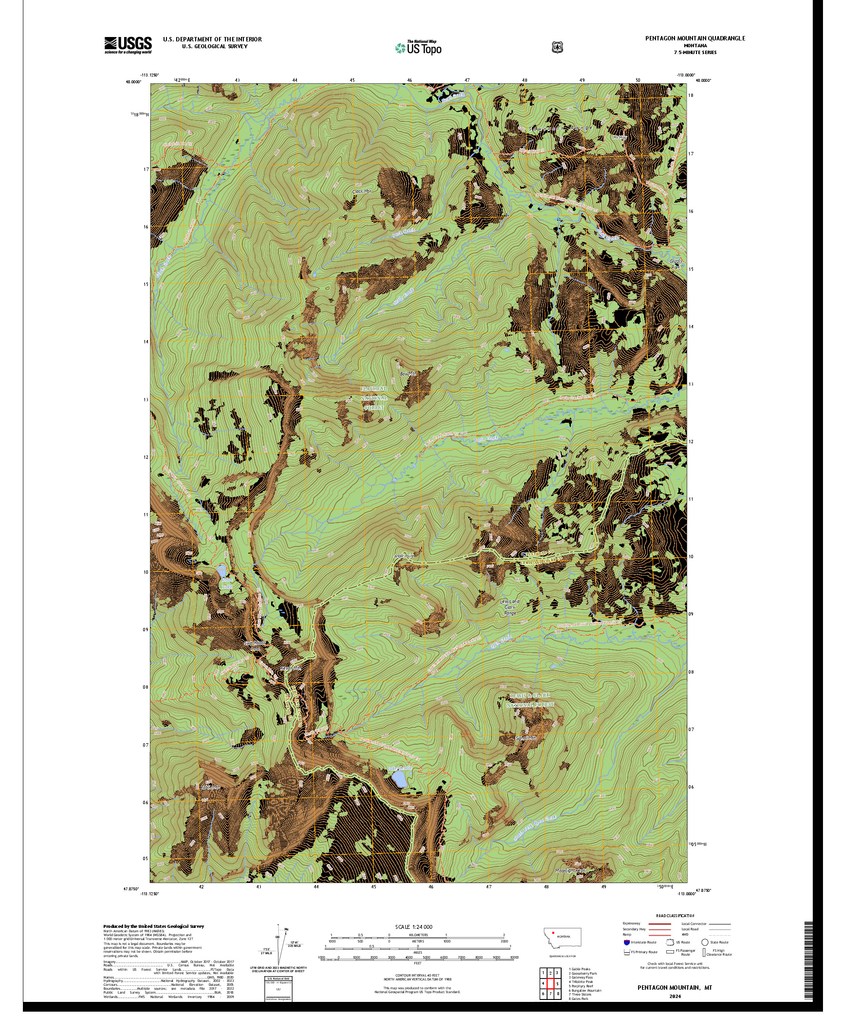 US TOPO 7.5-MINUTE MAP FOR PENTAGON MOUNTAIN, MT