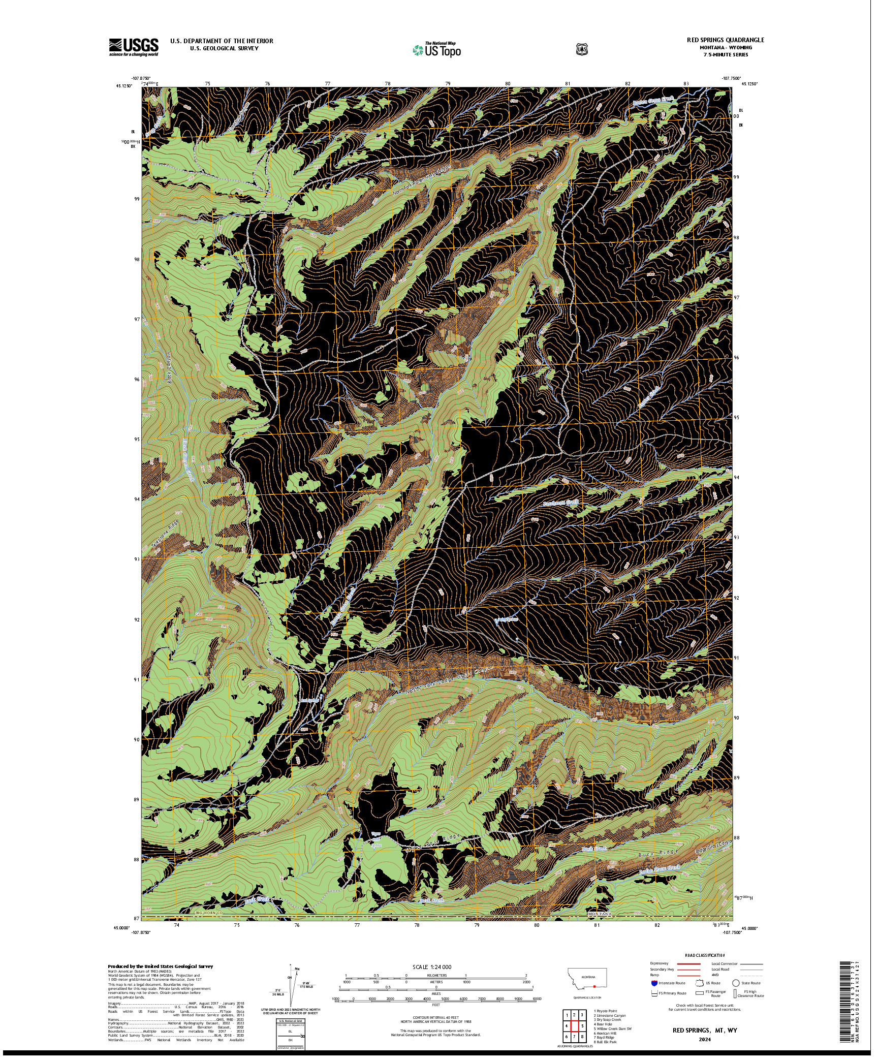 US TOPO 7.5-MINUTE MAP FOR RED SPRINGS, MT,WY