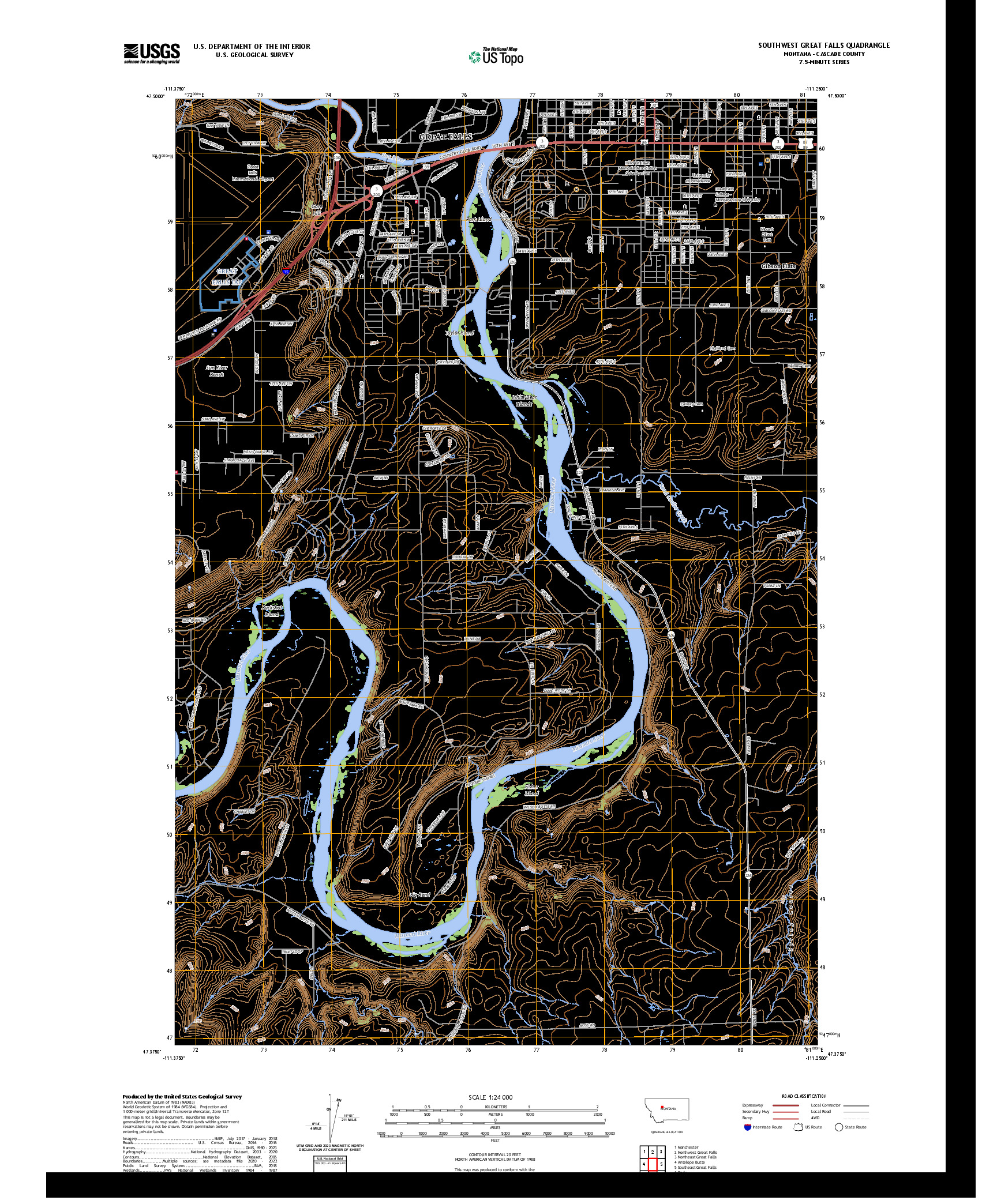 US TOPO 7.5-MINUTE MAP FOR SOUTHWEST GREAT FALLS, MT