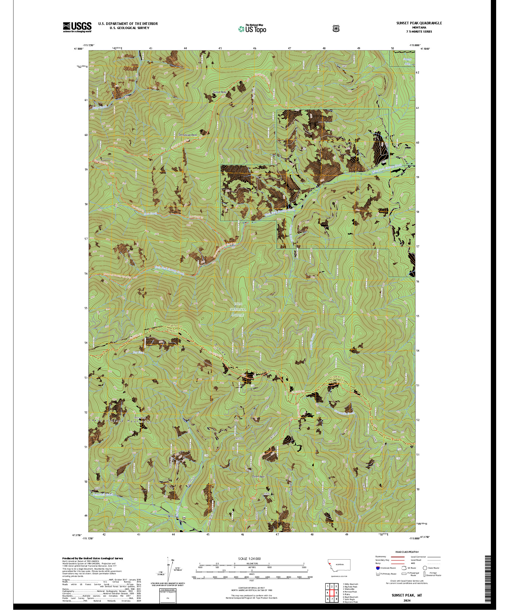 US TOPO 7.5-MINUTE MAP FOR SUNSET PEAK, MT