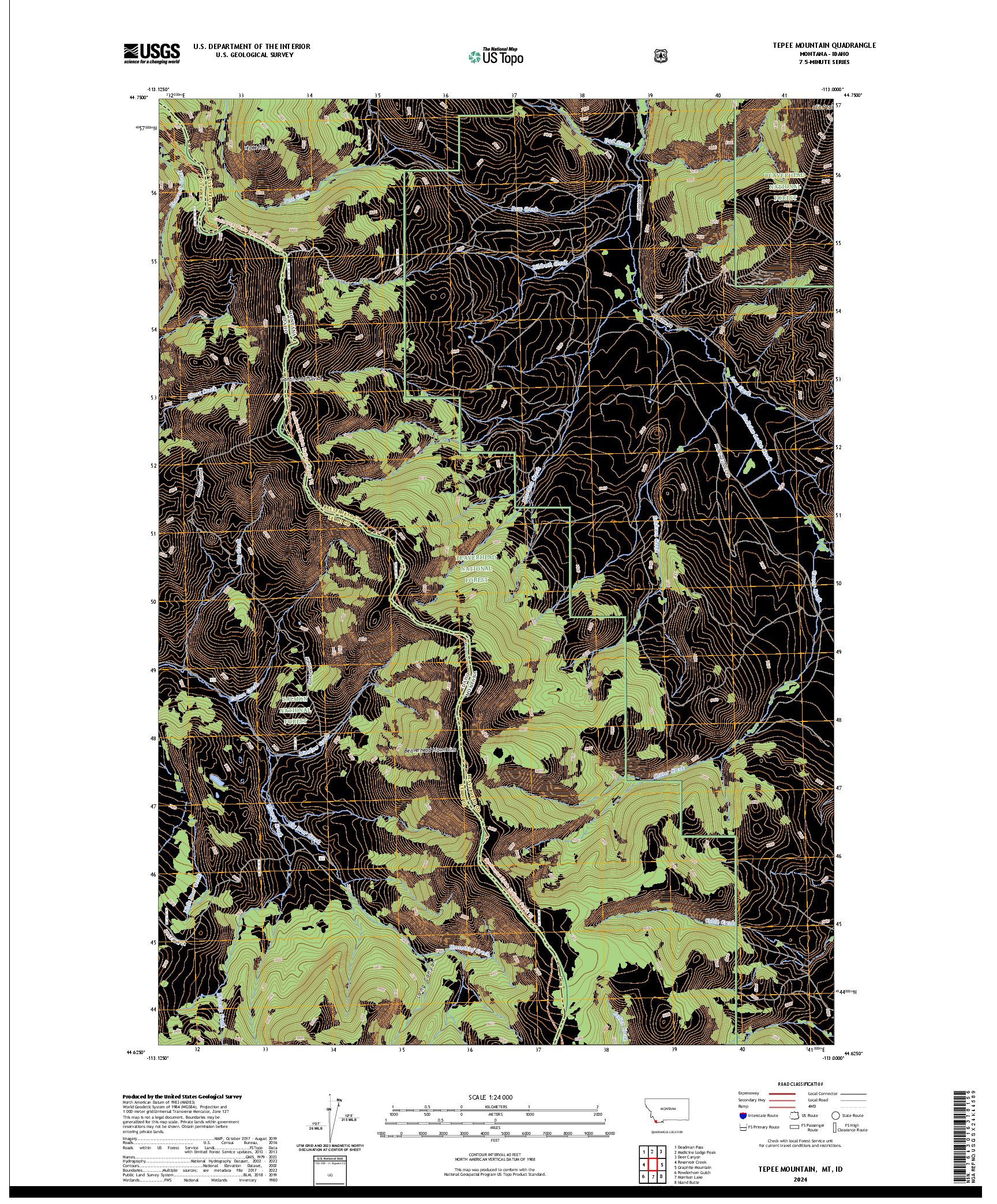 US TOPO 7.5-MINUTE MAP FOR TEPEE MOUNTAIN, MT,ID