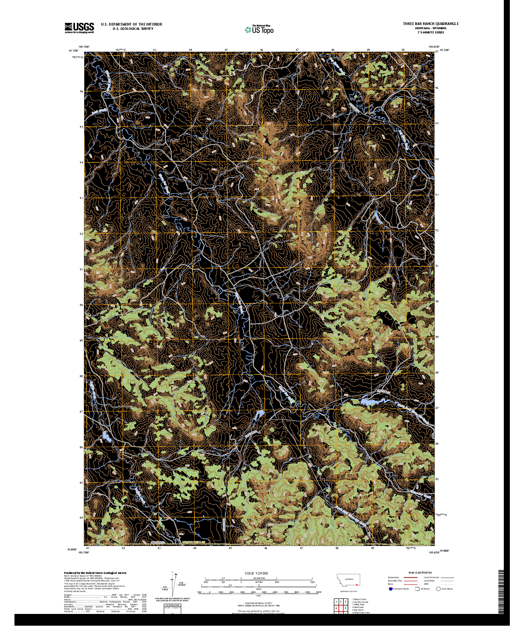 US TOPO 7.5-MINUTE MAP FOR THREE BAR RANCH, MT,WY