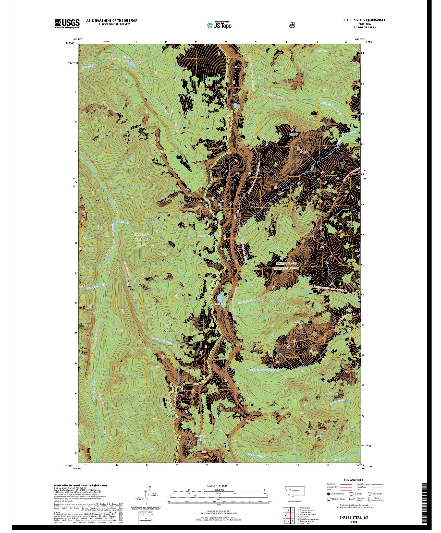 US TOPO 7.5-MINUTE MAP FOR THREE SISTERS, MT