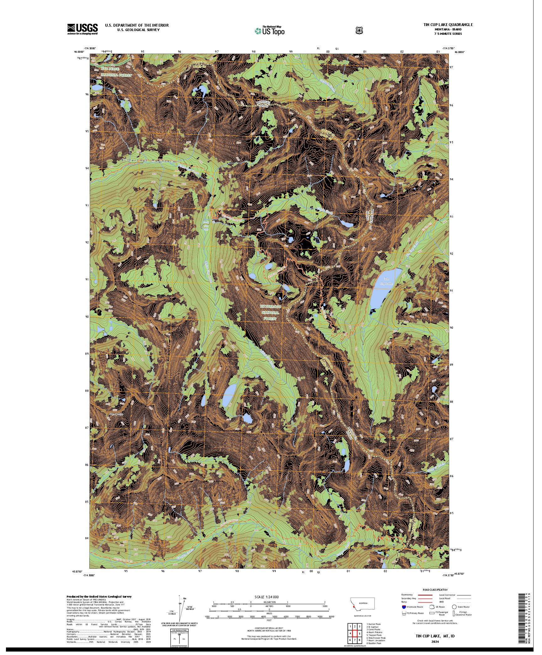 US TOPO 7.5-MINUTE MAP FOR TIN CUP LAKE, MT,ID