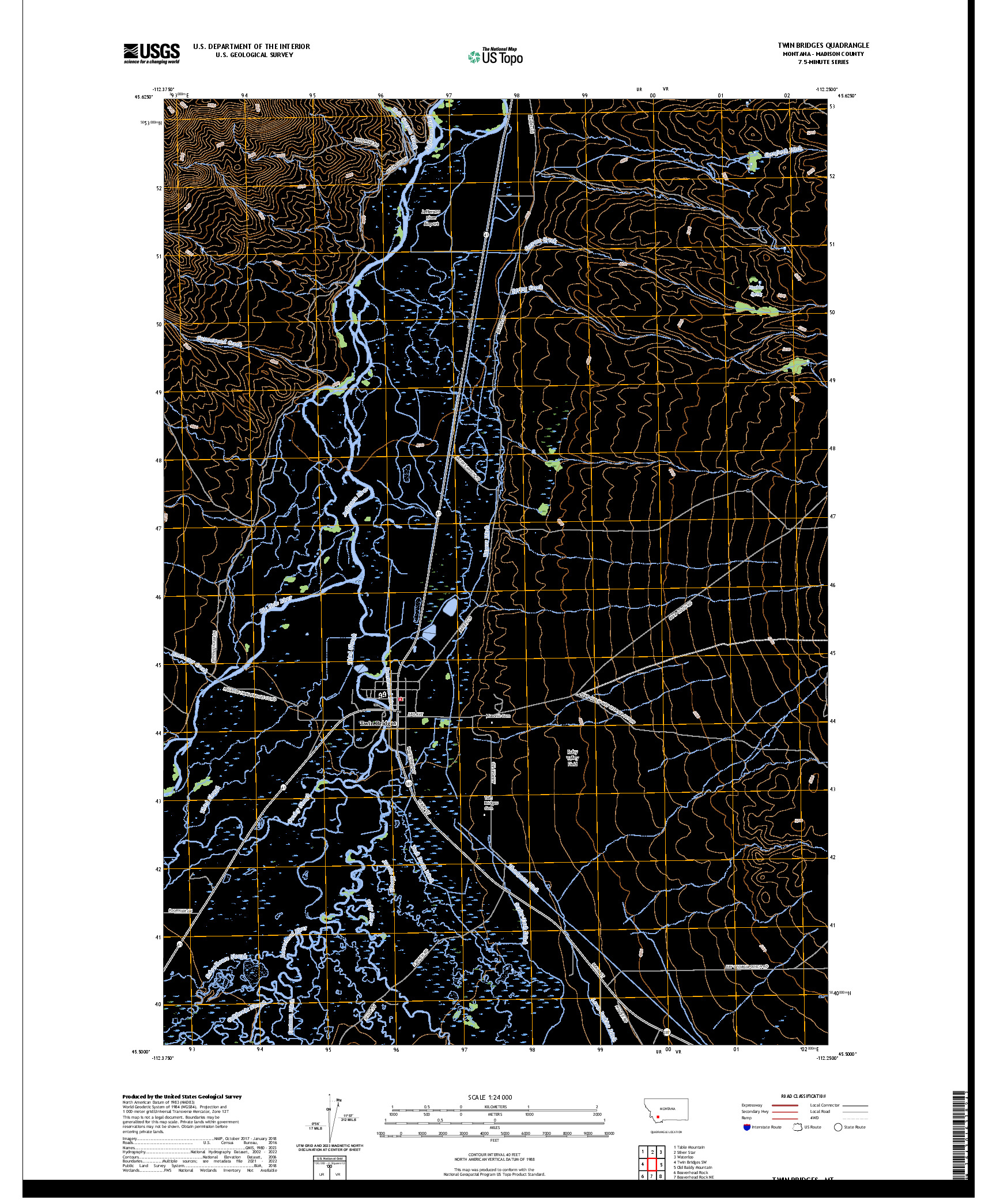 US TOPO 7.5-MINUTE MAP FOR TWIN BRIDGES, MT