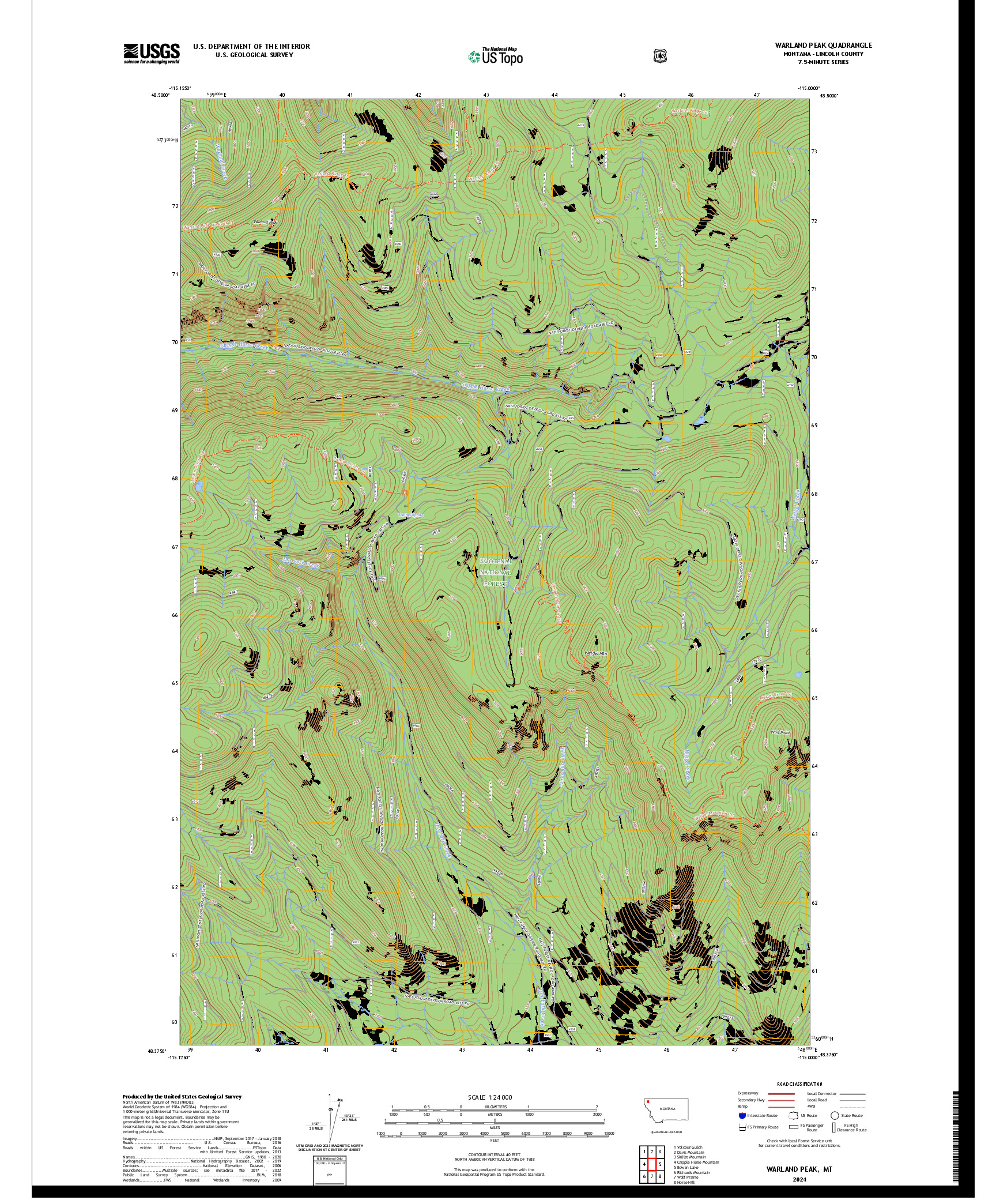 US TOPO 7.5-MINUTE MAP FOR WARLAND PEAK, MT