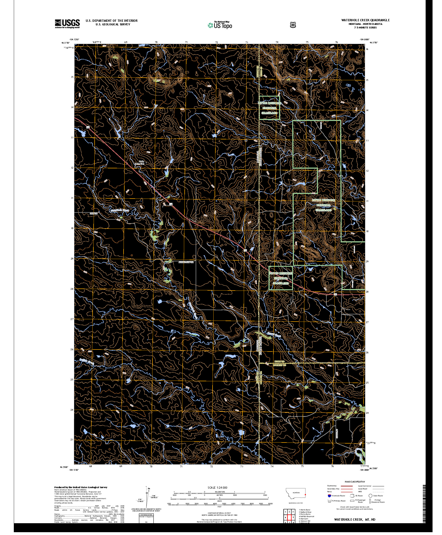 US TOPO 7.5-MINUTE MAP FOR WATERHOLE CREEK, MT,ND