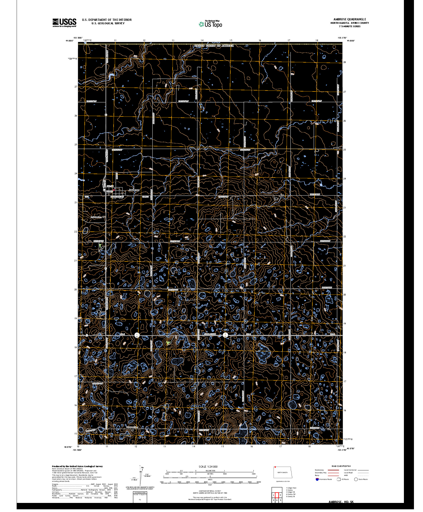 US TOPO 7.5-MINUTE MAP FOR AMBROSE, ND,SK