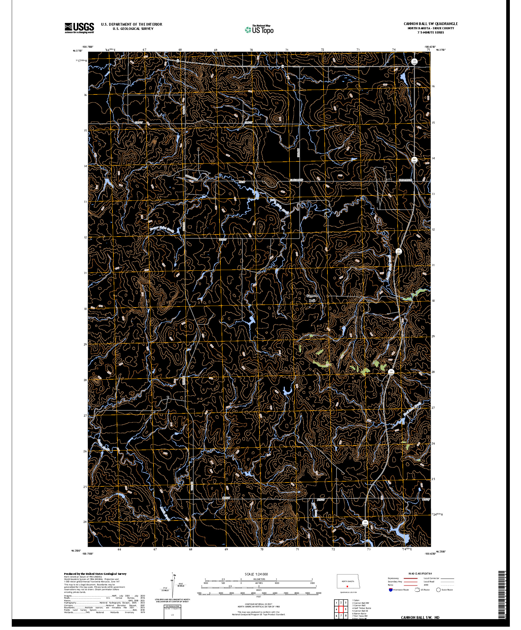 US TOPO 7.5-MINUTE MAP FOR CANNON BALL SW, ND
