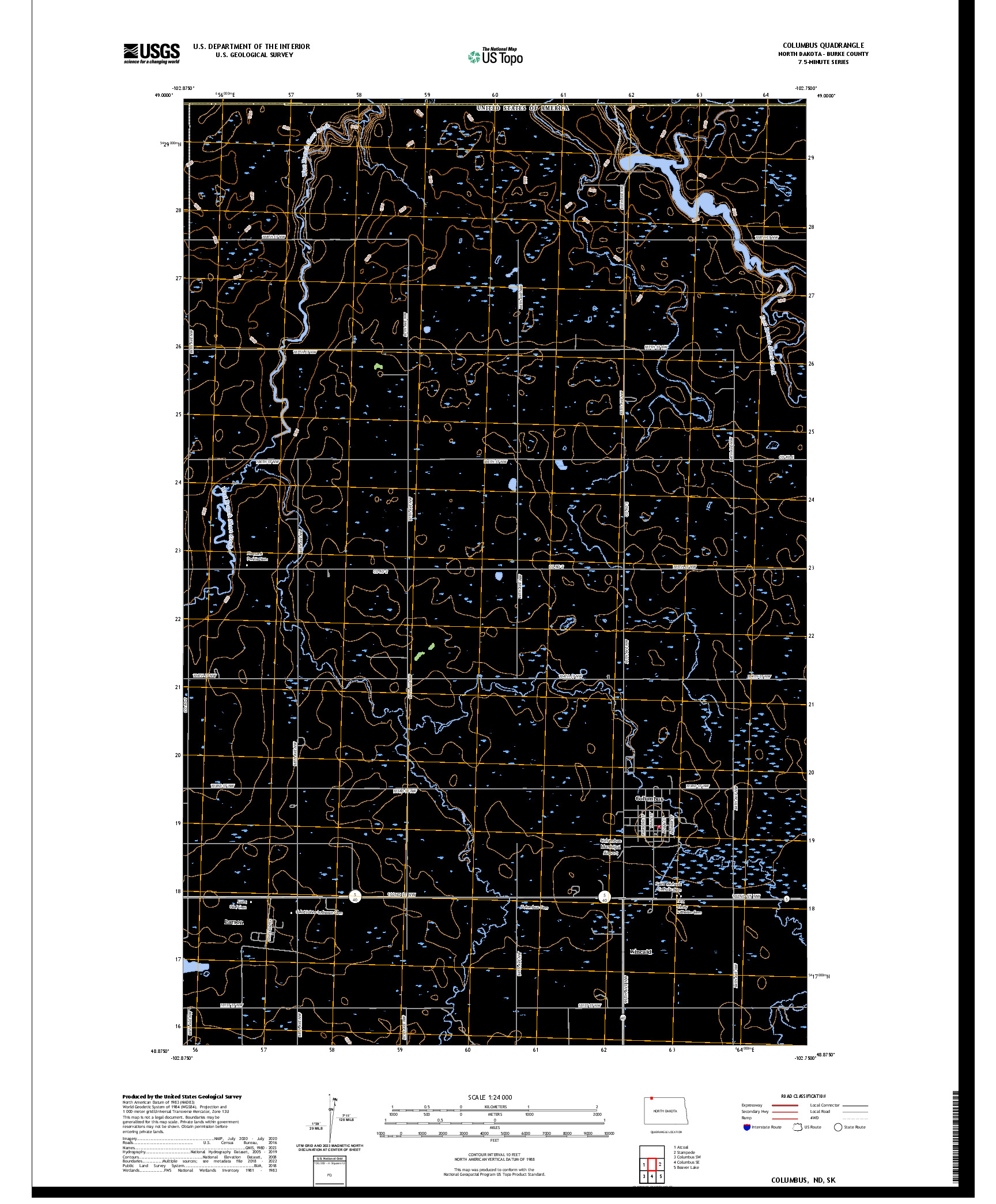 US TOPO 7.5-MINUTE MAP FOR COLUMBUS, ND,SK