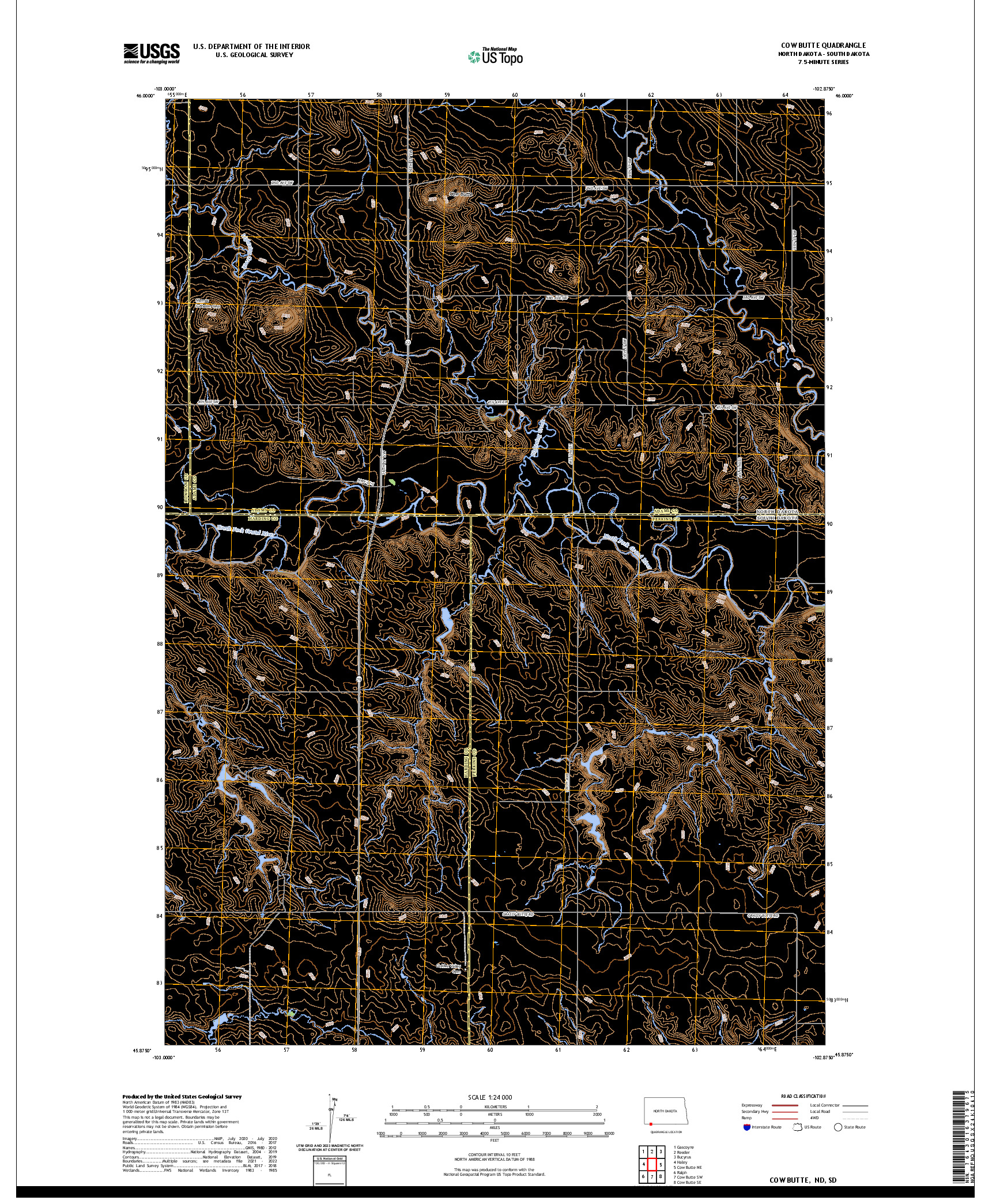 US TOPO 7.5-MINUTE MAP FOR COW BUTTE, ND,SD