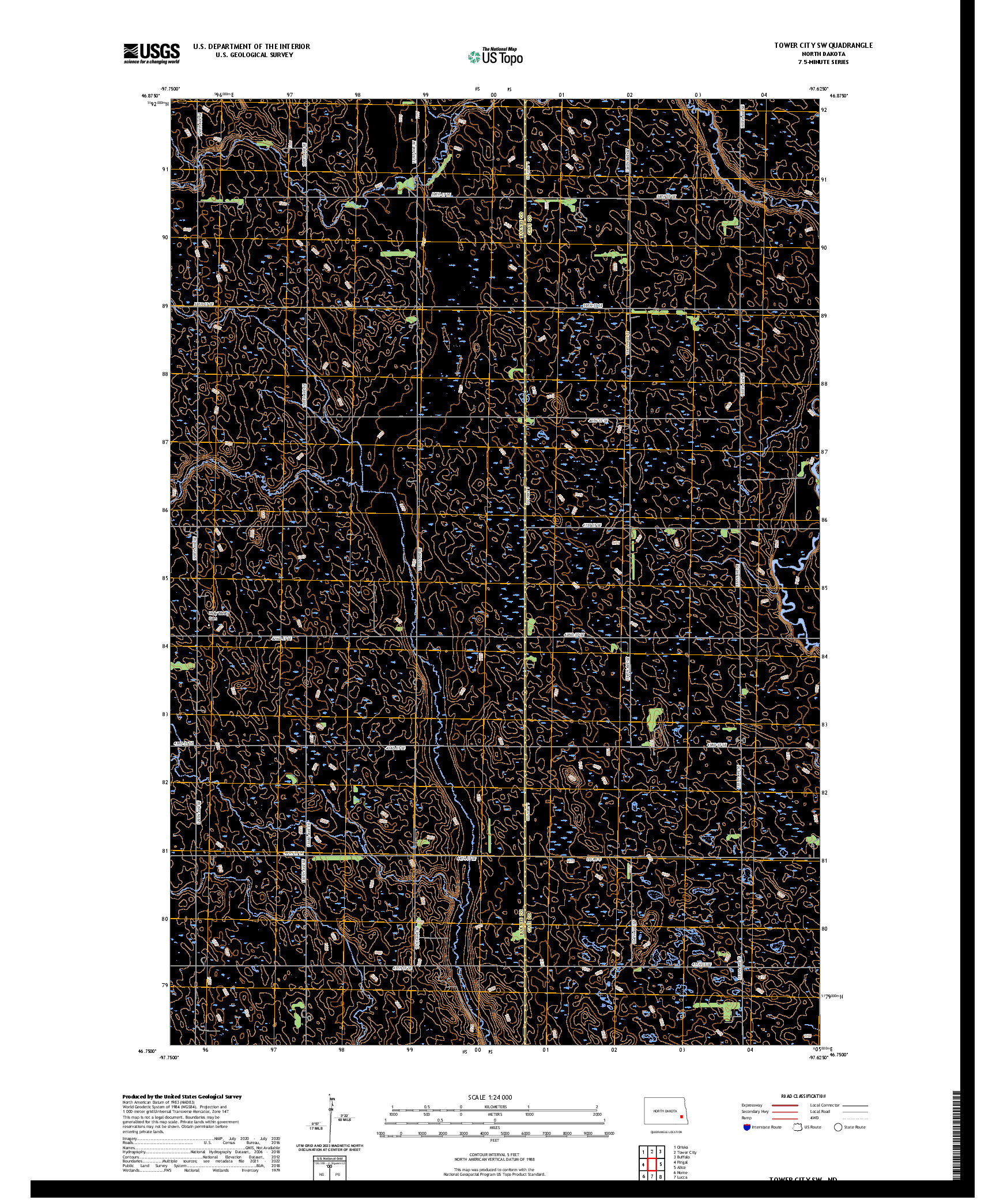 US TOPO 7.5-MINUTE MAP FOR TOWER CITY SW, ND