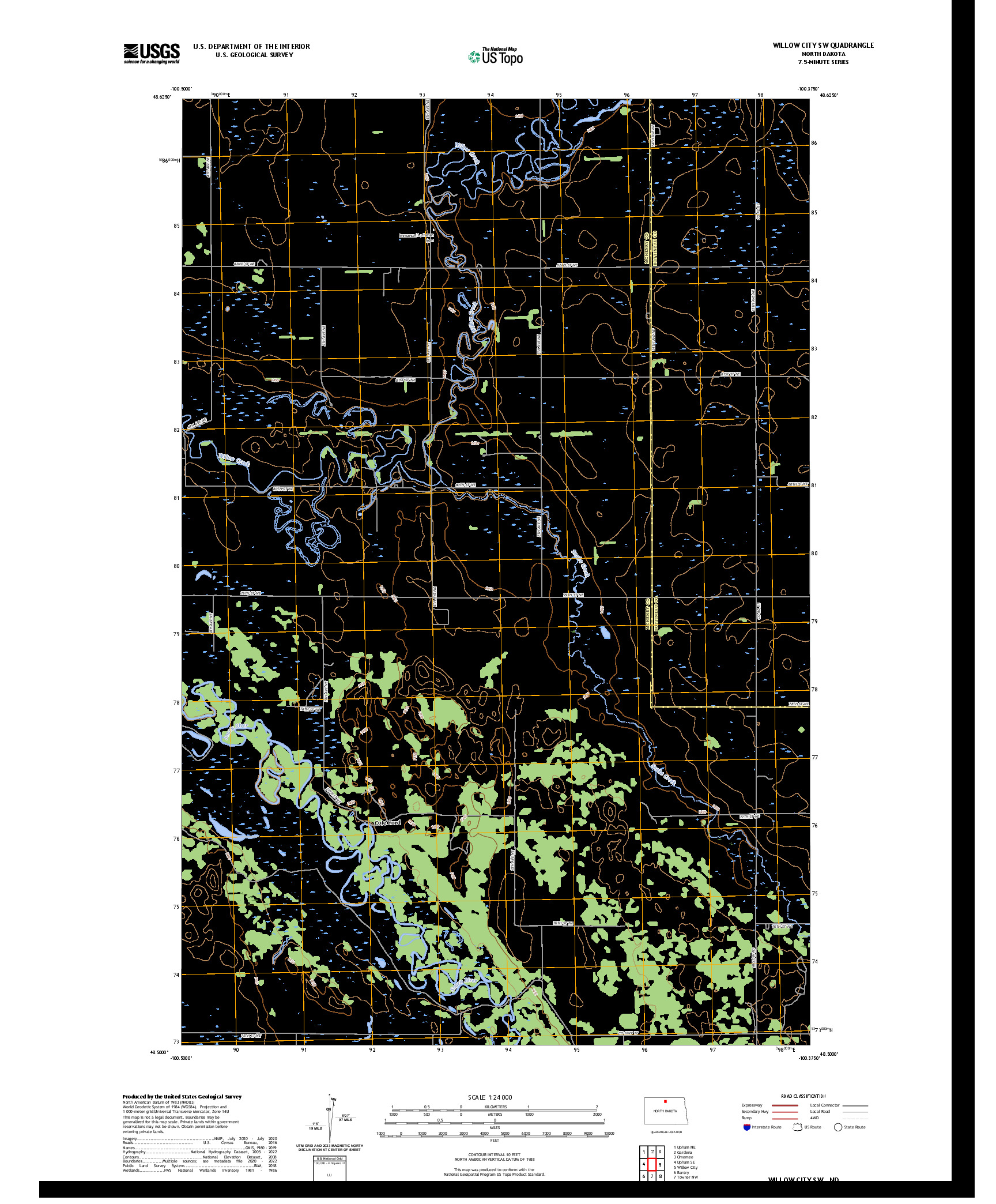 US TOPO 7.5-MINUTE MAP FOR WILLOW CITY SW, ND