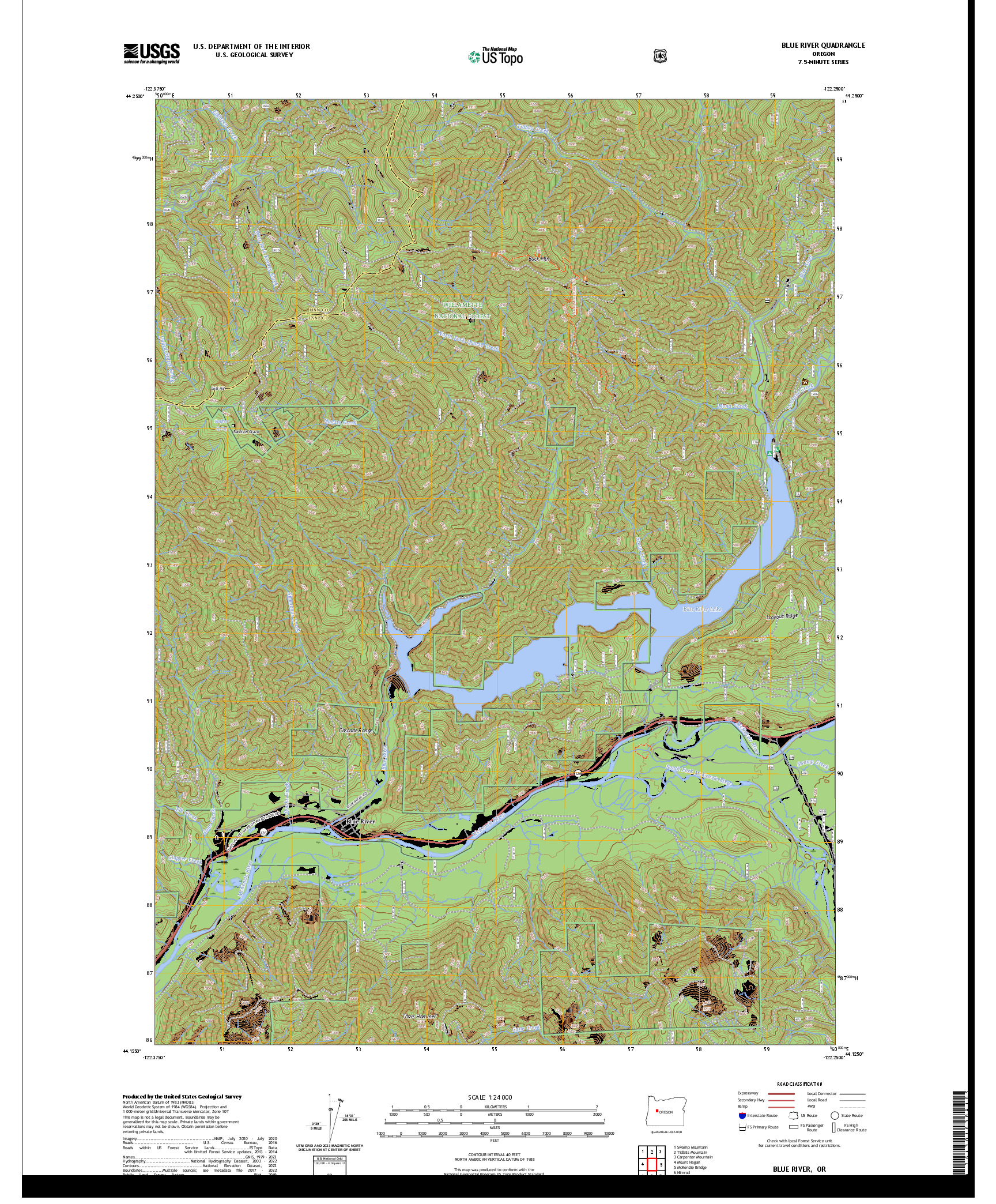 US TOPO 7.5-MINUTE MAP FOR BLUE RIVER, OR
