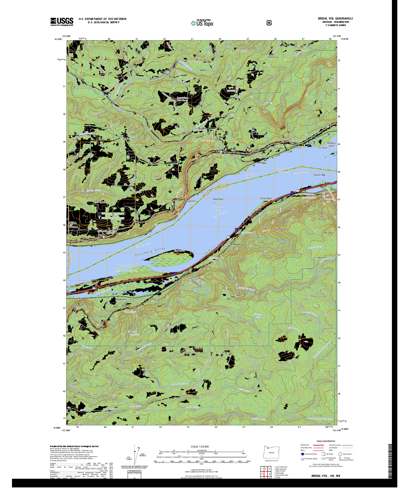 US TOPO 7.5-MINUTE MAP FOR BRIDAL VEIL, OR,WA
