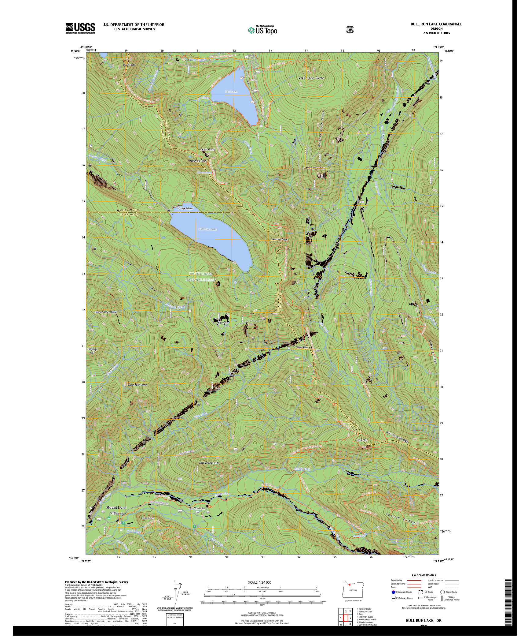US TOPO 7.5-MINUTE MAP FOR BULL RUN LAKE, OR