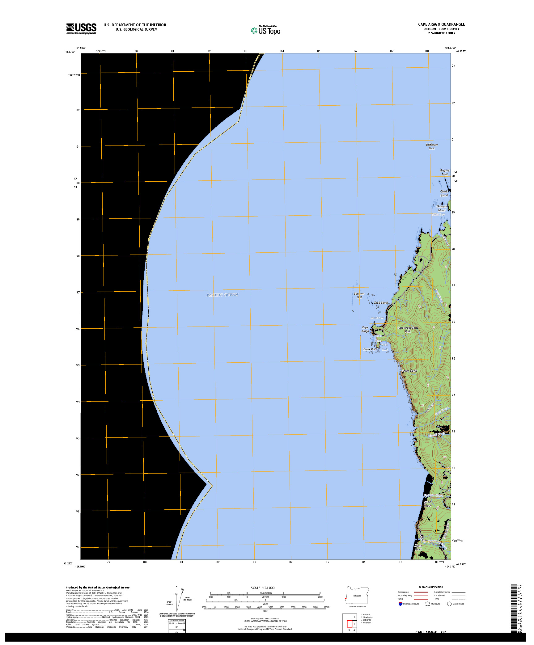 US TOPO 7.5-MINUTE MAP FOR CAPE ARAGO, OR