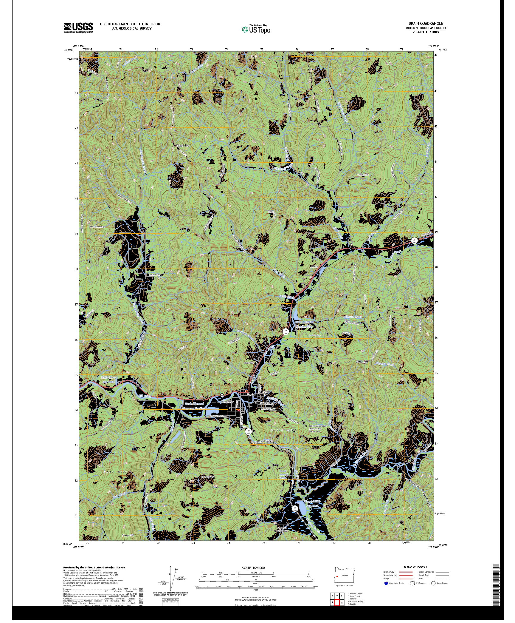 US TOPO 7.5-MINUTE MAP FOR DRAIN, OR