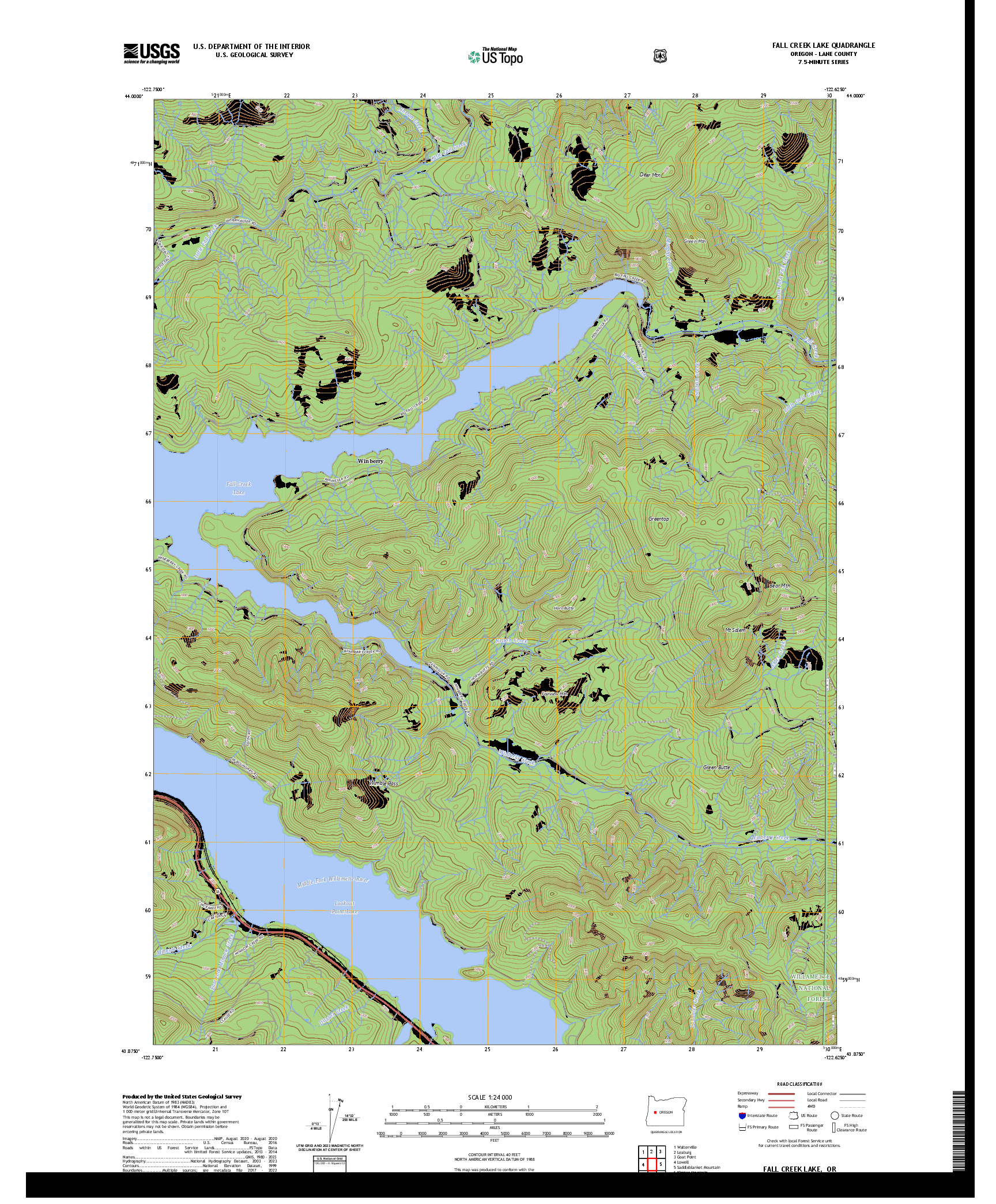 US TOPO 7.5-MINUTE MAP FOR FALL CREEK LAKE, OR