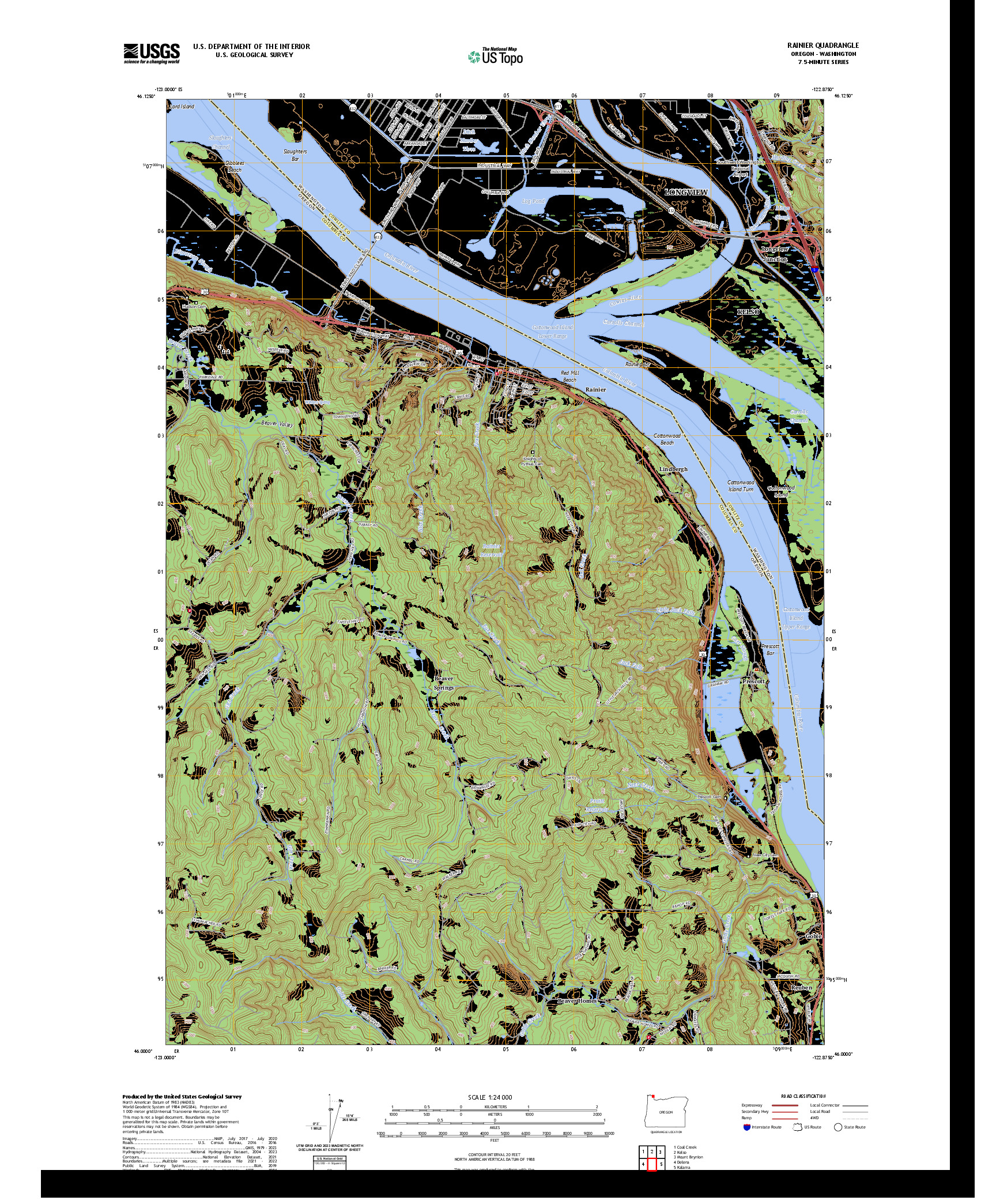 US TOPO 7.5-MINUTE MAP FOR RAINIER, OR,WA