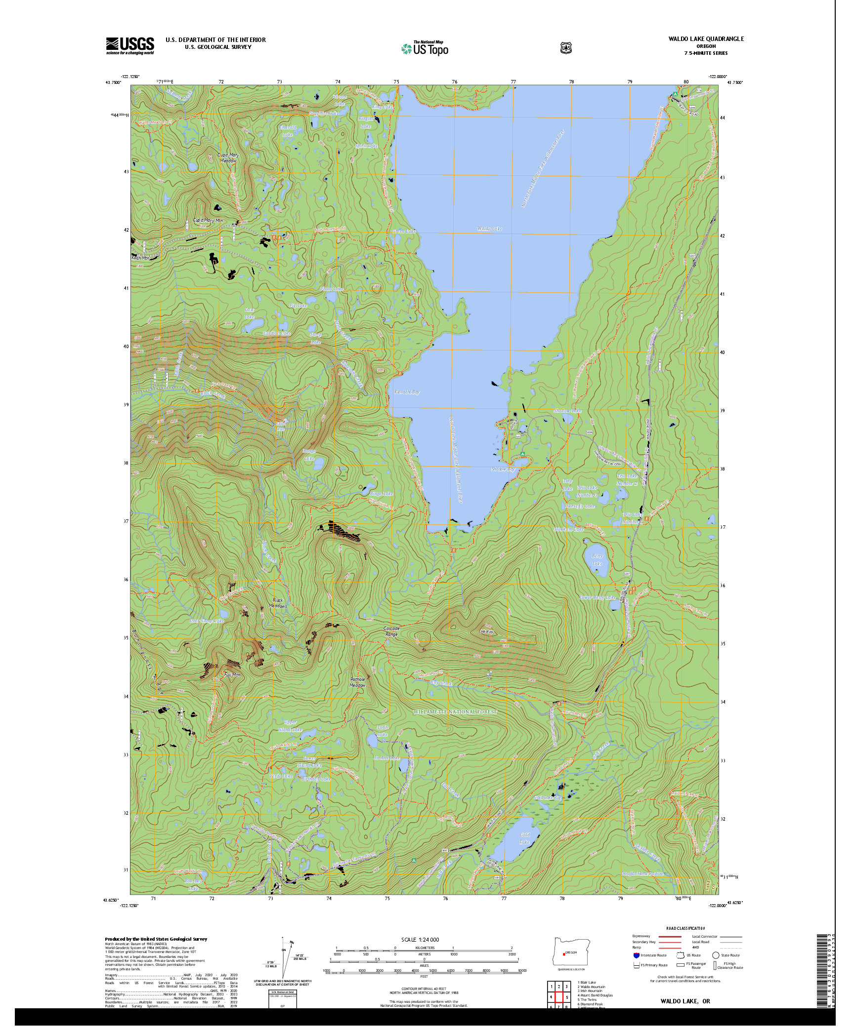 US TOPO 7.5-MINUTE MAP FOR WALDO LAKE, OR