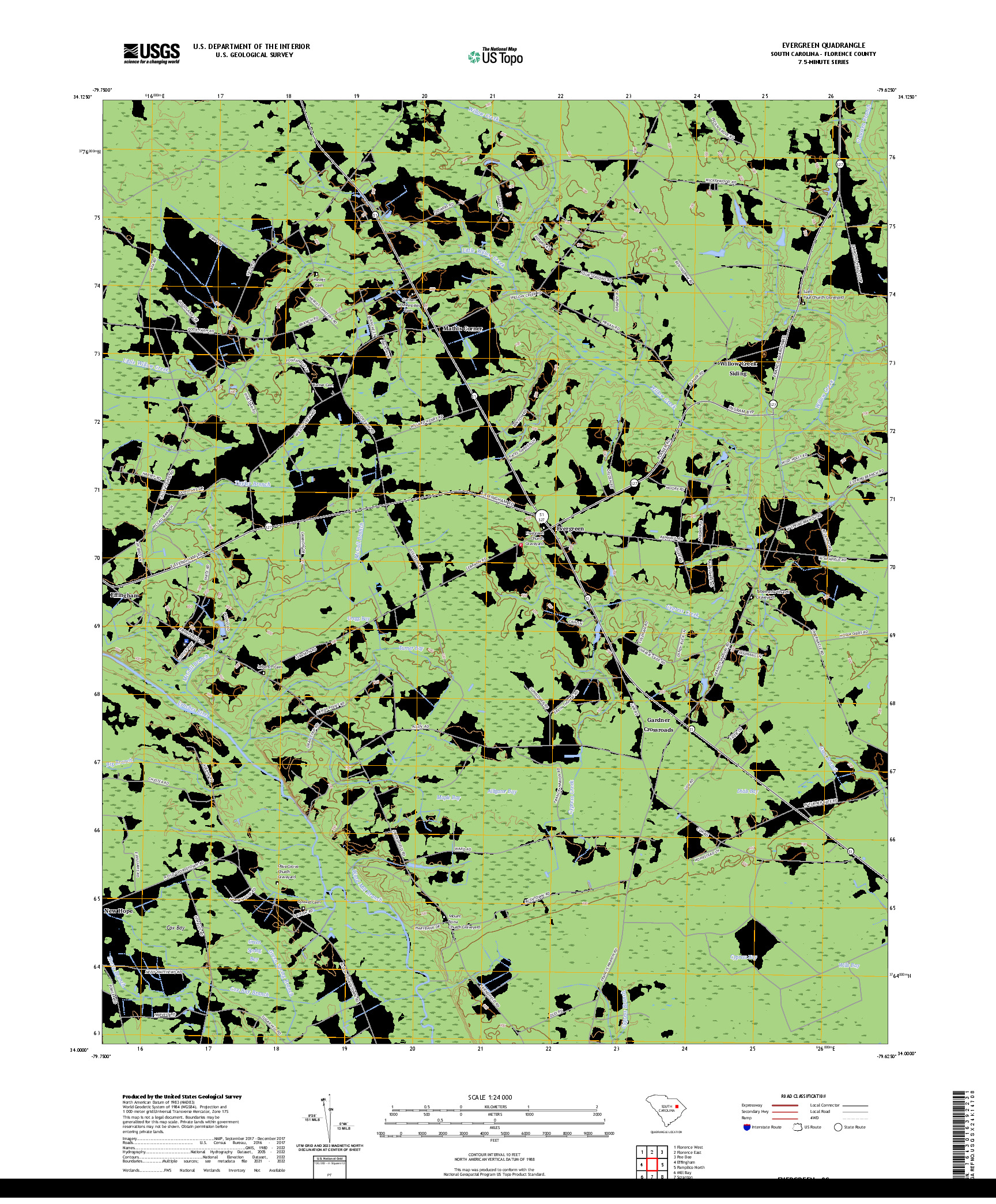 US TOPO 7.5-MINUTE MAP FOR EVERGREEN, SC