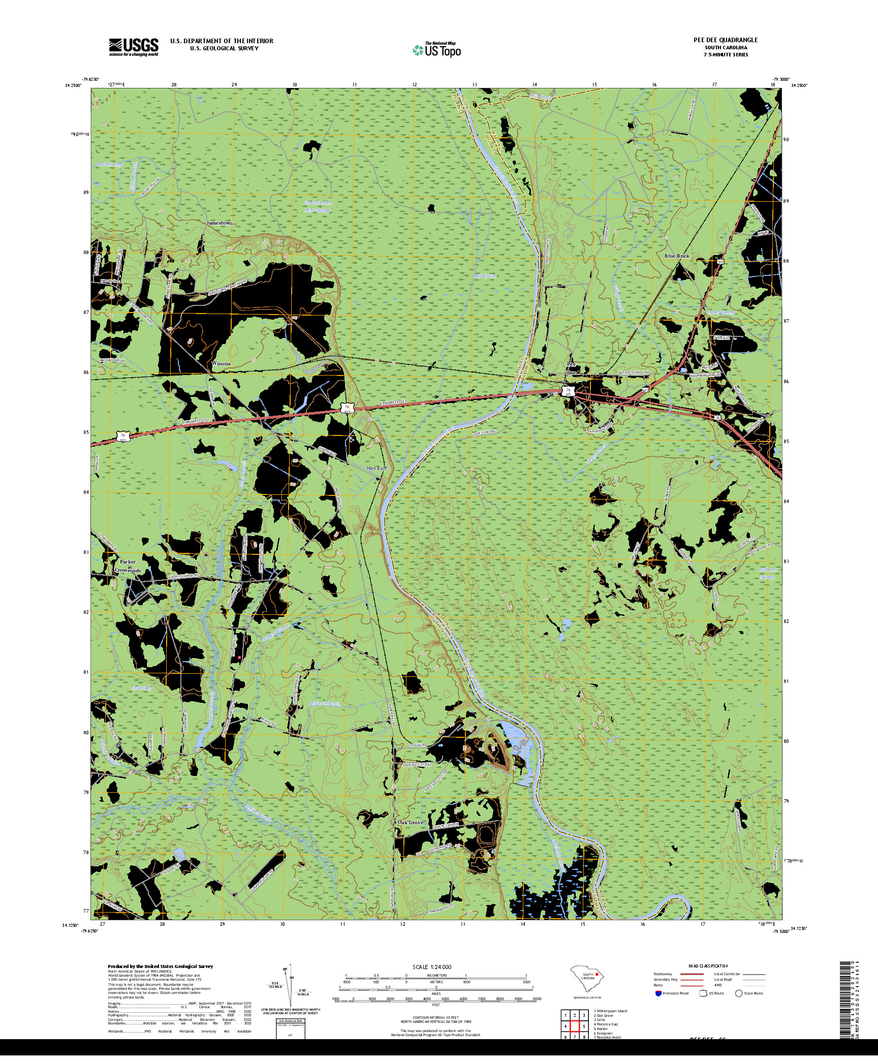 US TOPO 7.5-MINUTE MAP FOR PEE DEE, SC