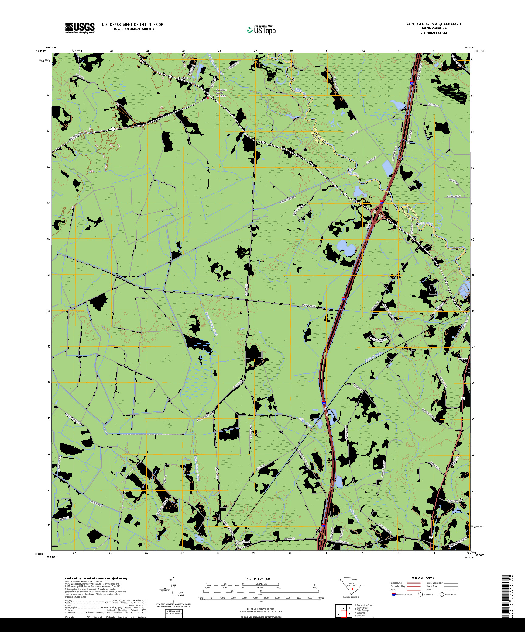 US TOPO 7.5-MINUTE MAP FOR SAINT GEORGE SW, SC