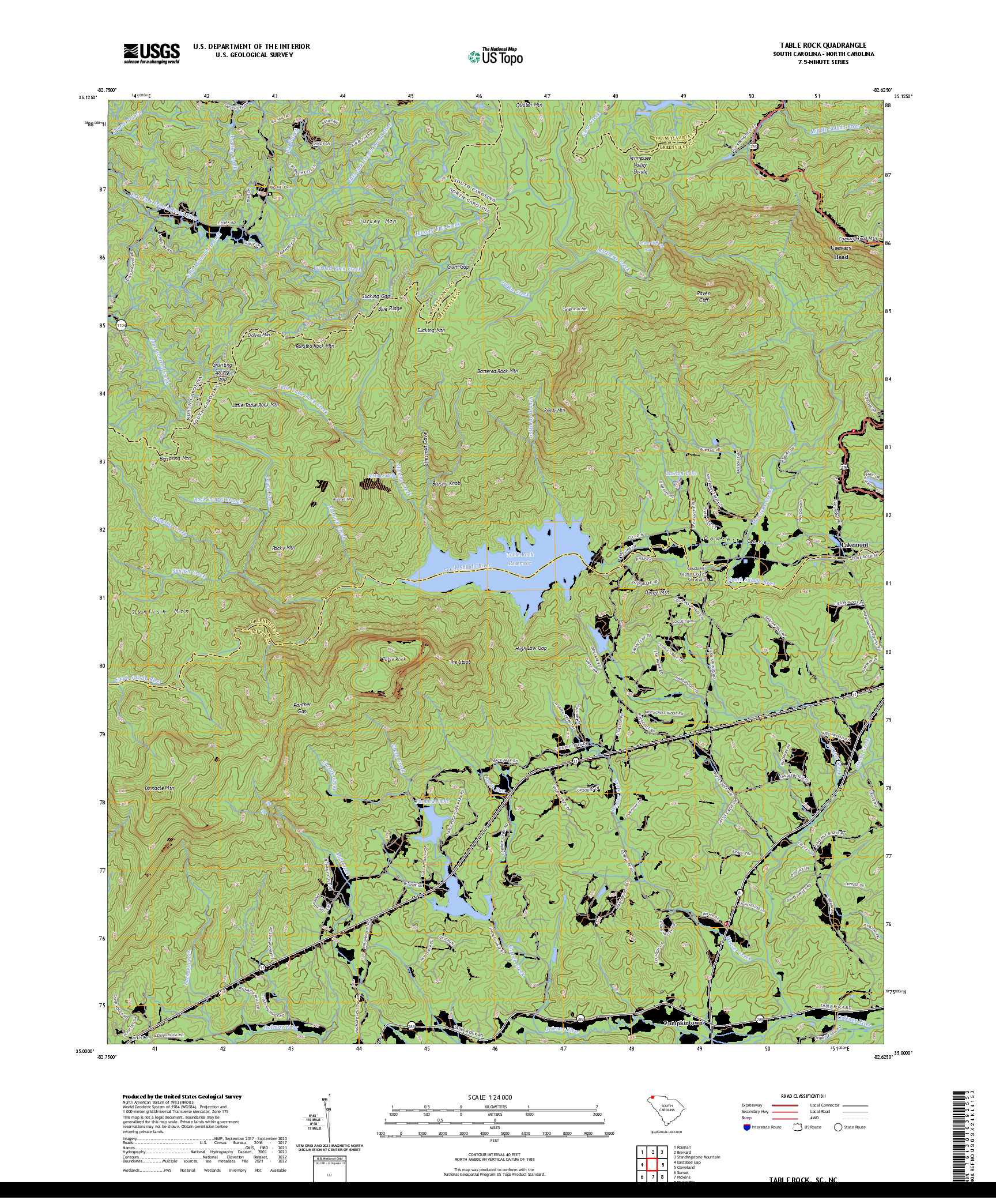 US TOPO 7.5-MINUTE MAP FOR TABLE ROCK, SC,NC